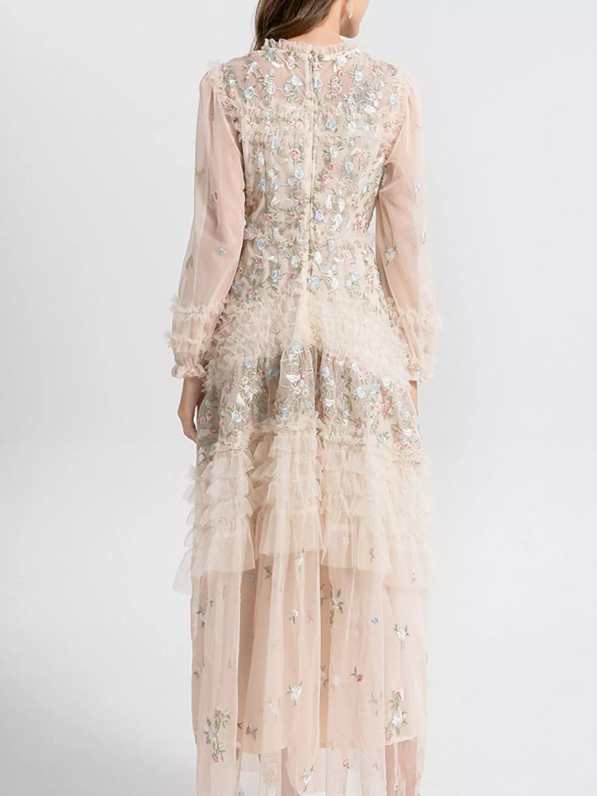 Floral Tulle Layered Maxi Dress in Apricot