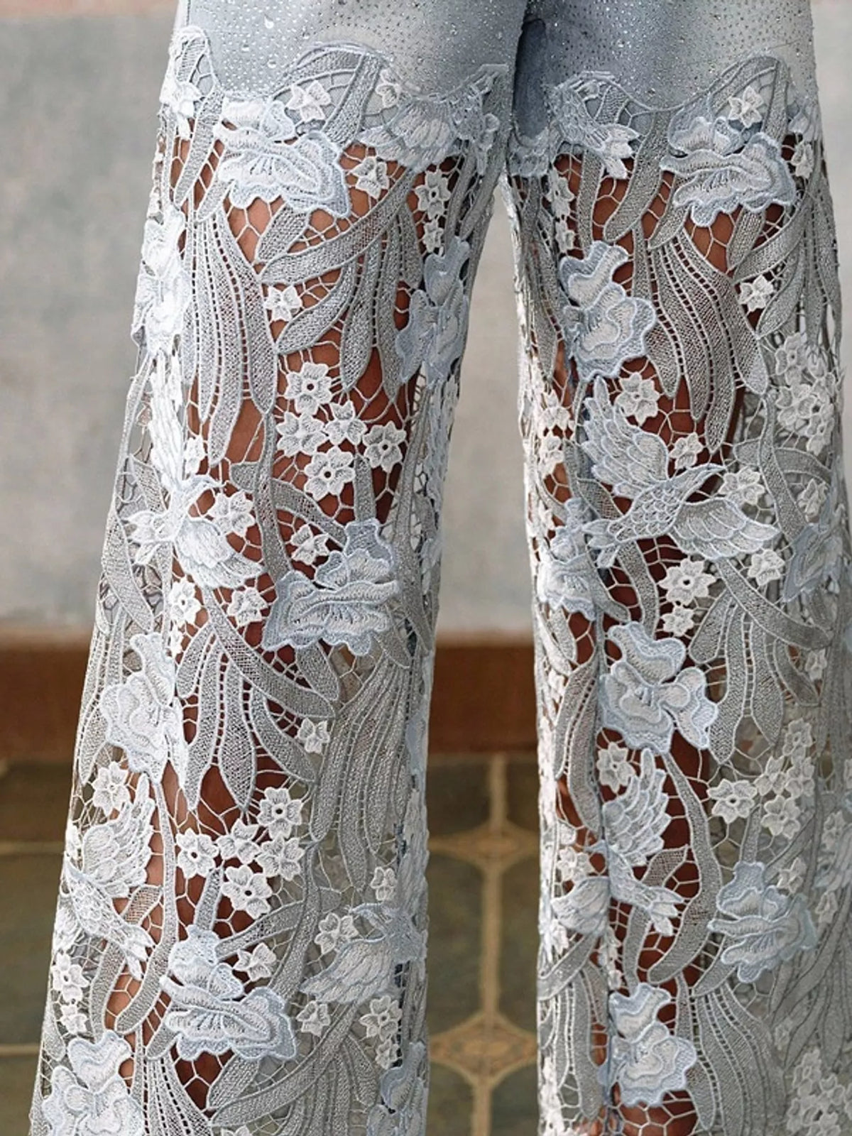 Lace Wide-Leg Jeans in Light Blue