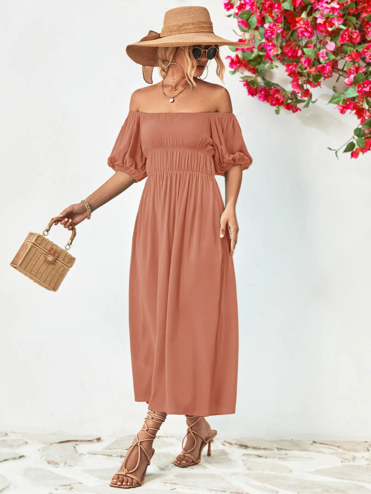 Off-Shoulder Puff-Sleeve Smocked Maxi Dress