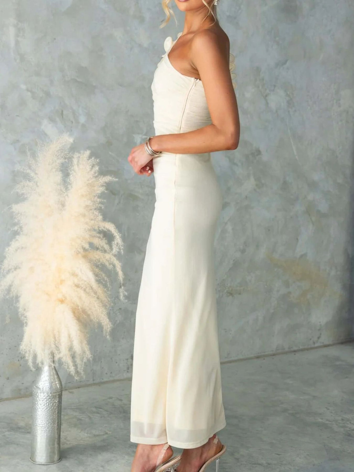 One-Shoulder Floral Trim Maxi Dress