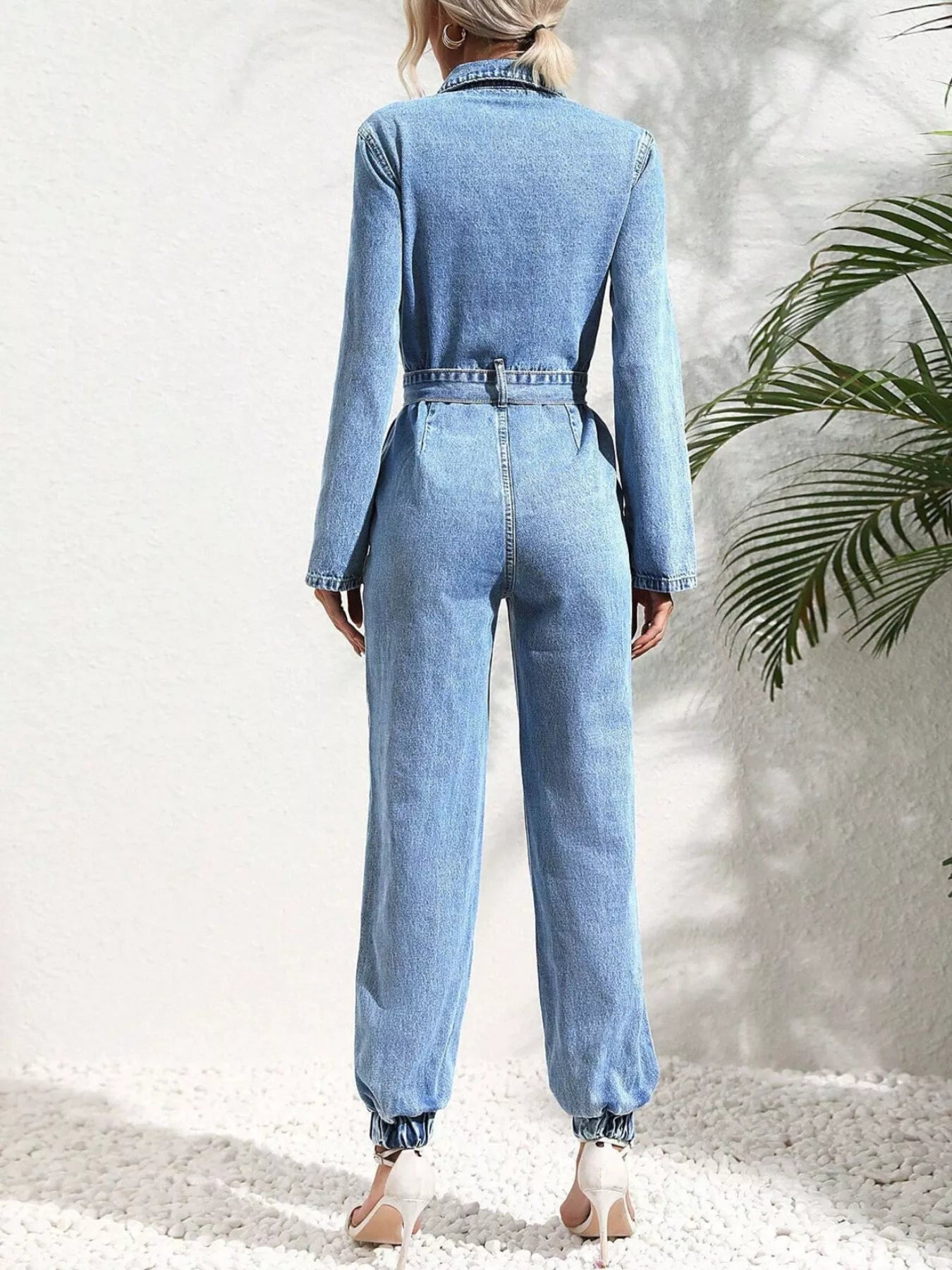 Button Front Belted Denim Jumpsuit in Medium Blue
