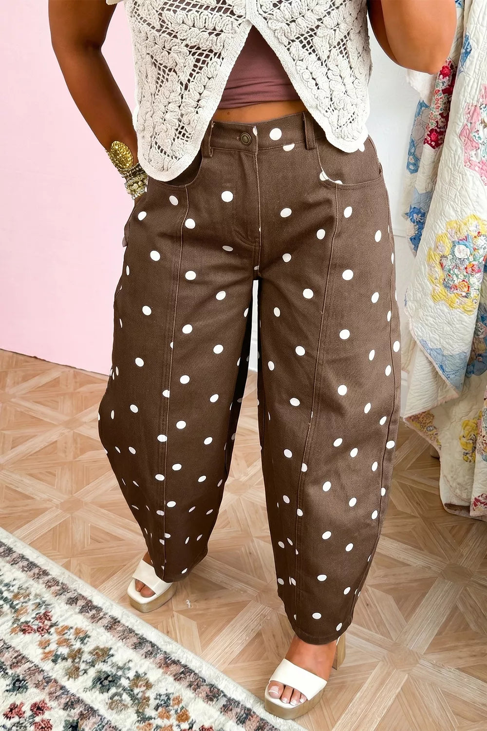 Polka Dot Print Barrel Jeans in Dark Brown