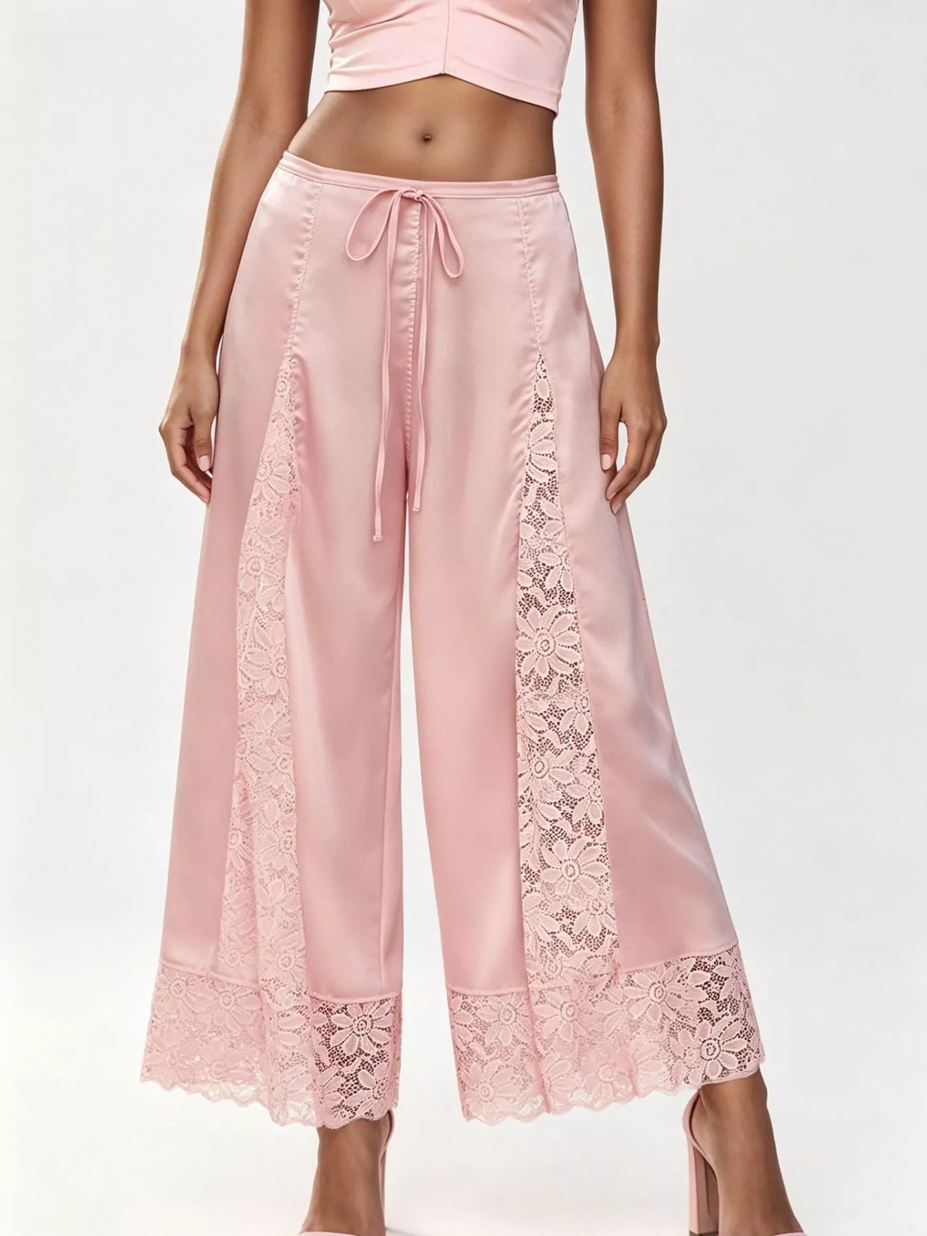 Lace-Trim Wide-Leg Cropped Pants