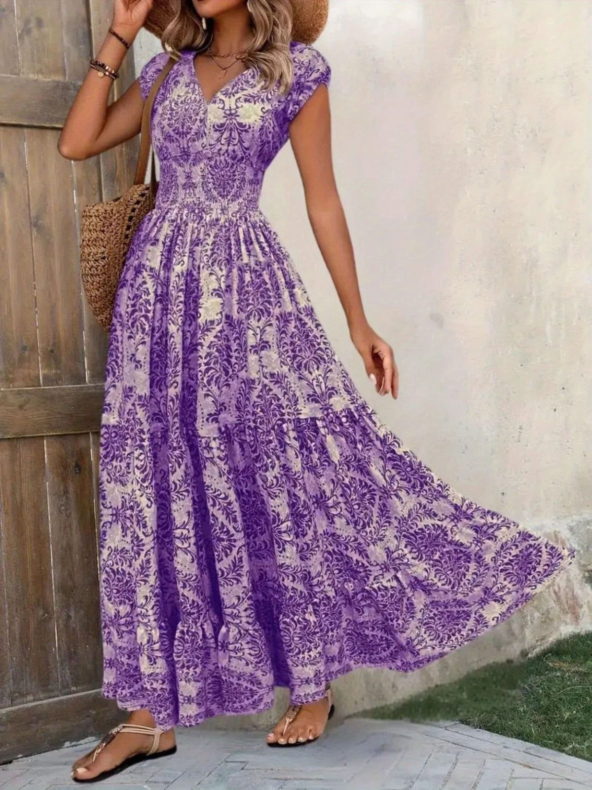Printed Cap Sleeve Tiered Maxi Dress