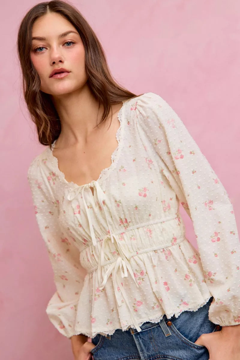 So Me Floral Clip Dot Lace Trim Blouse in White