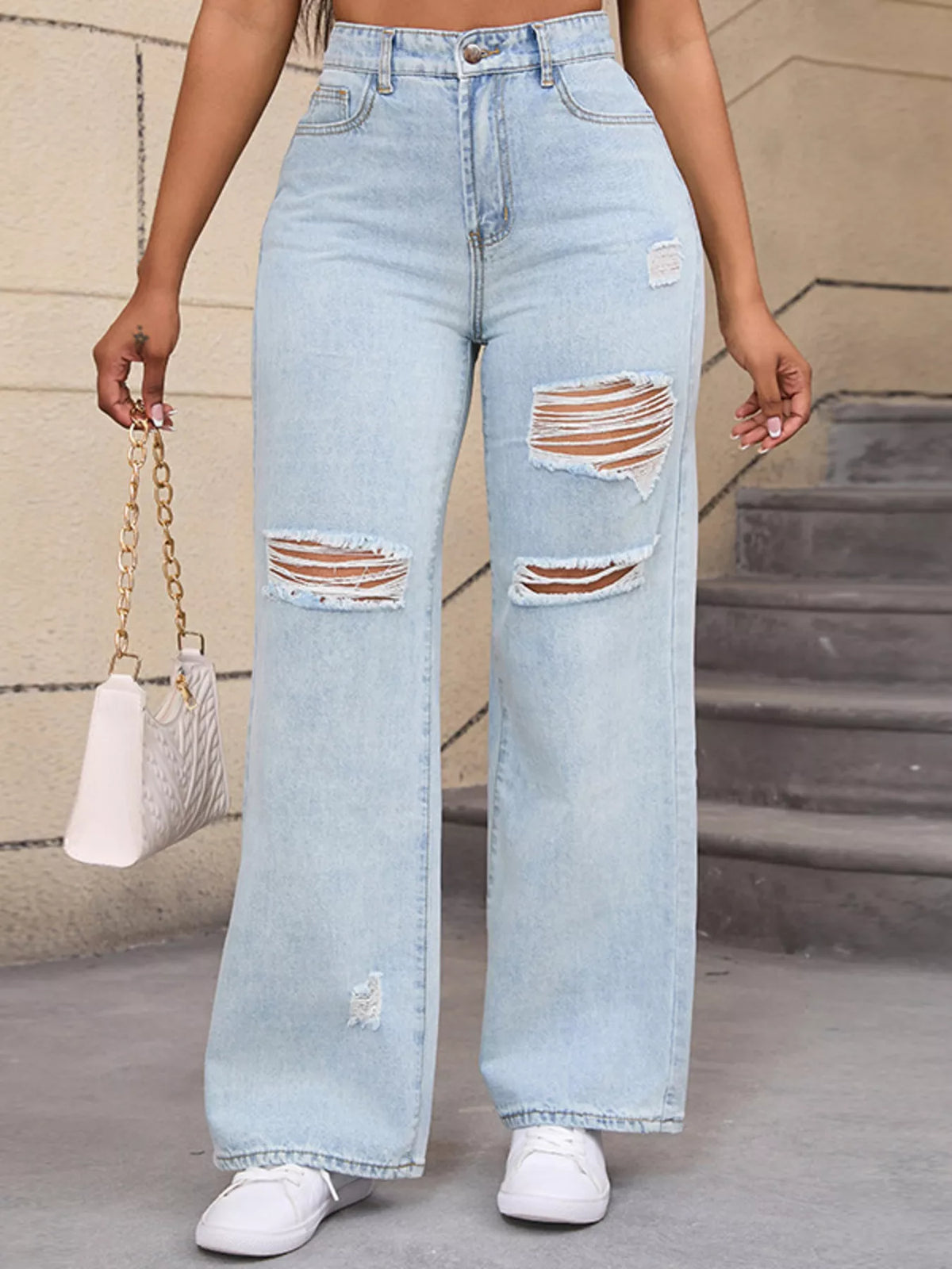 Distressed Wide Leg Jeans with Cat's Whisker Detail