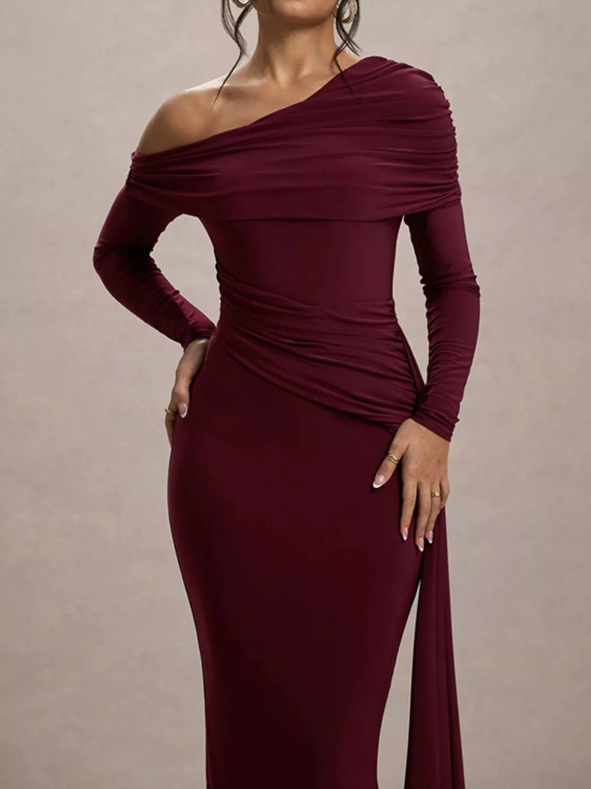 One-Shoulder Ruched Maxi Dress in Wine Red