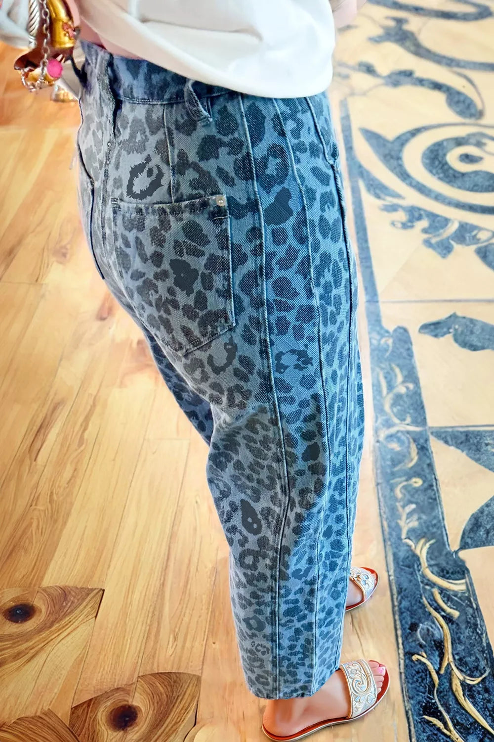 Leopard Print Barrel Leg Jeans in Cerulean