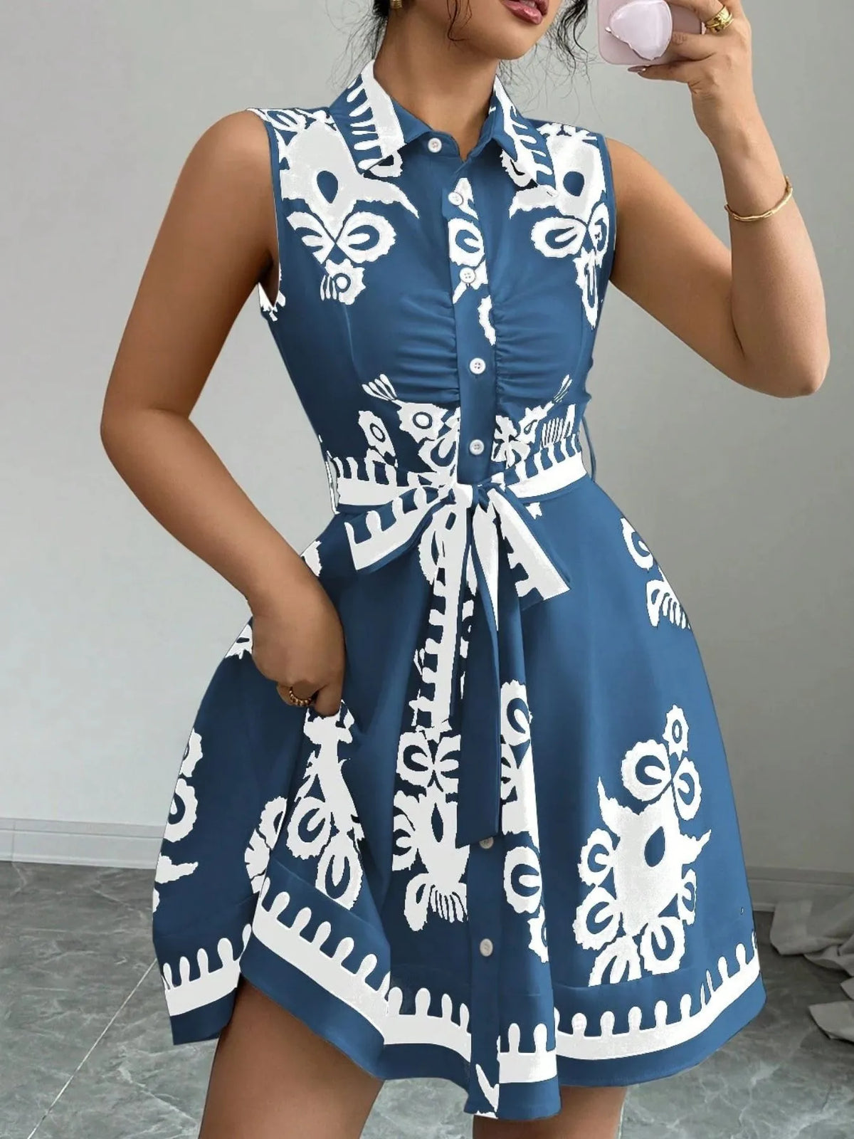 Printed Sleeveless Tie-Waist Mini Dress