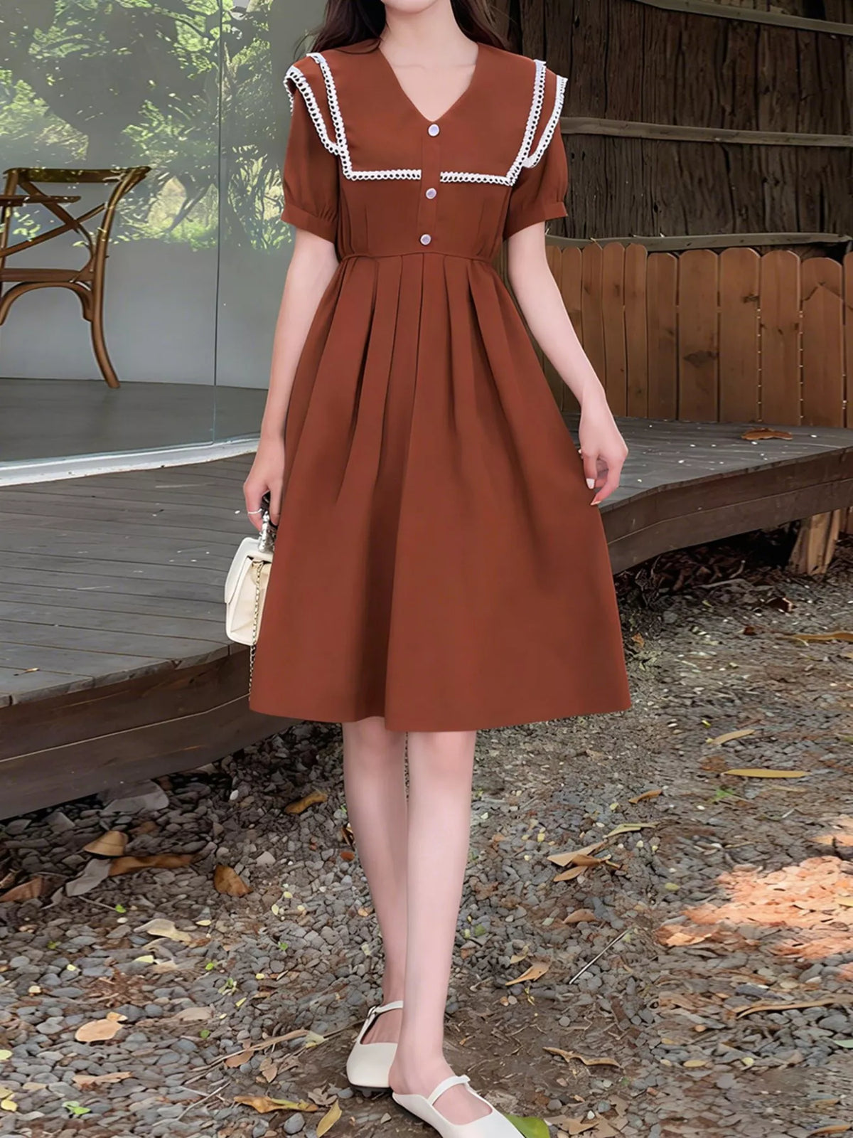 Sailor Collar Pleated Dress in Orange Red