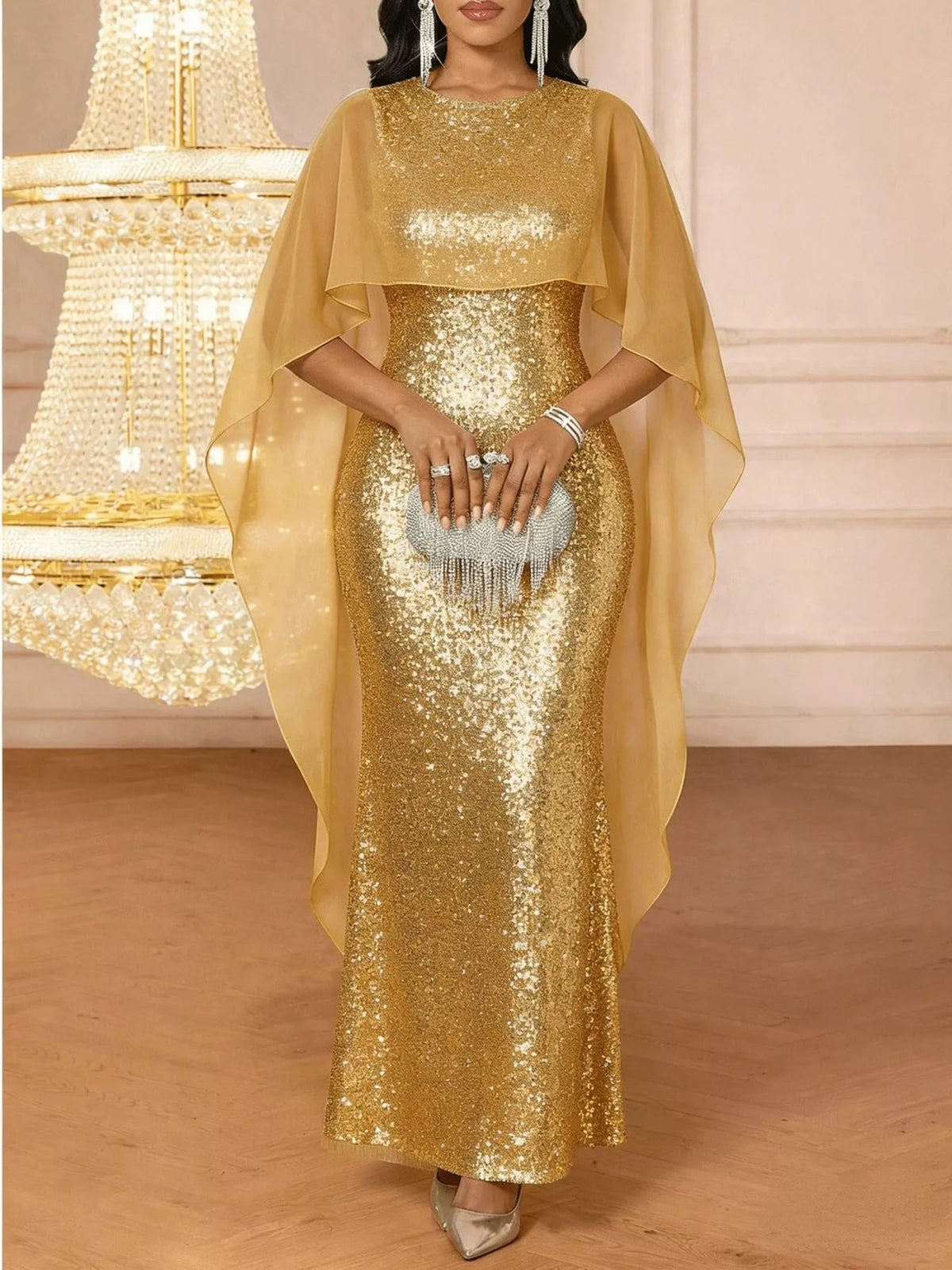 Sequin Cape-Overlay Evening Dress