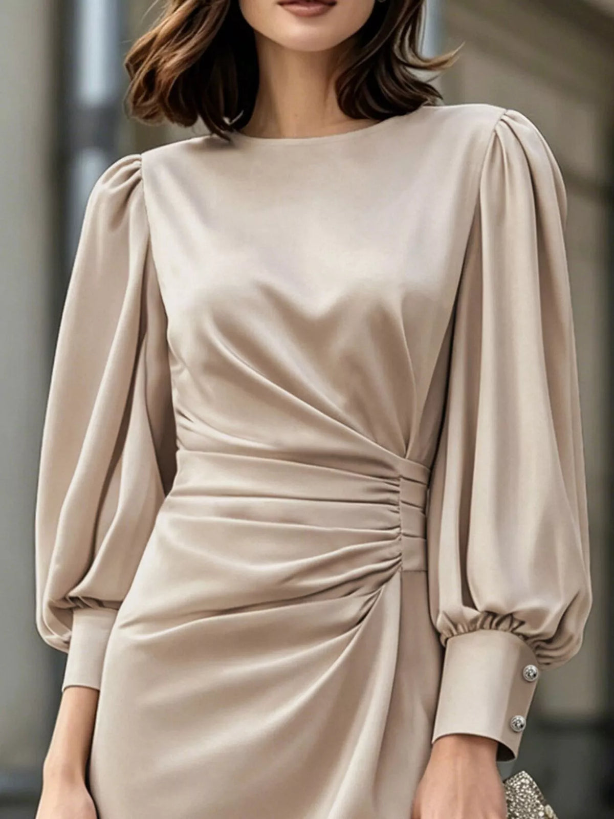 Long Sleeve Satin Ruched Midi Dress in Champagne in Champagne Color