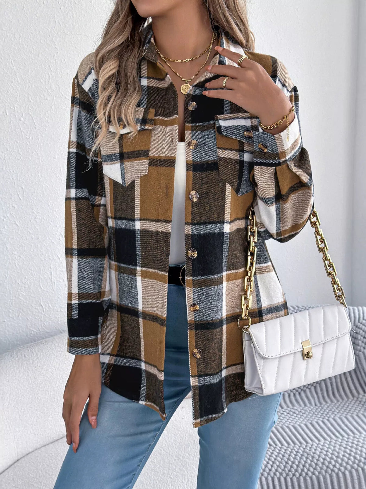 Plaid Button-Down Shacket by Clise