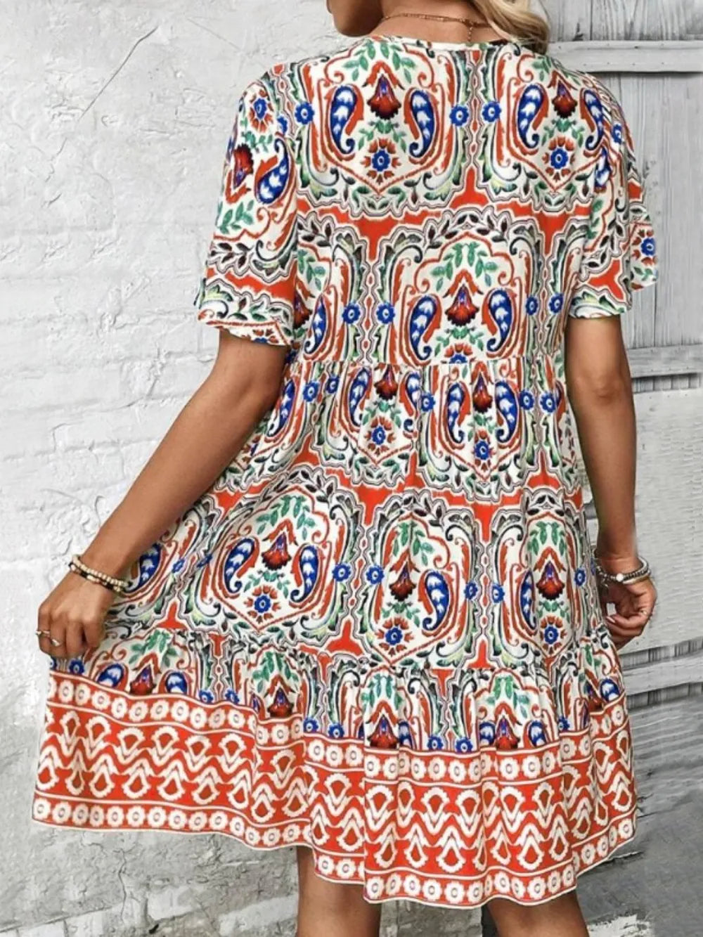 Printed Tie-Neck Short Sleeve Dress