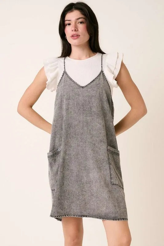 Patch Pocket Mini Cami Denim Dress in Gray by Mittoshop