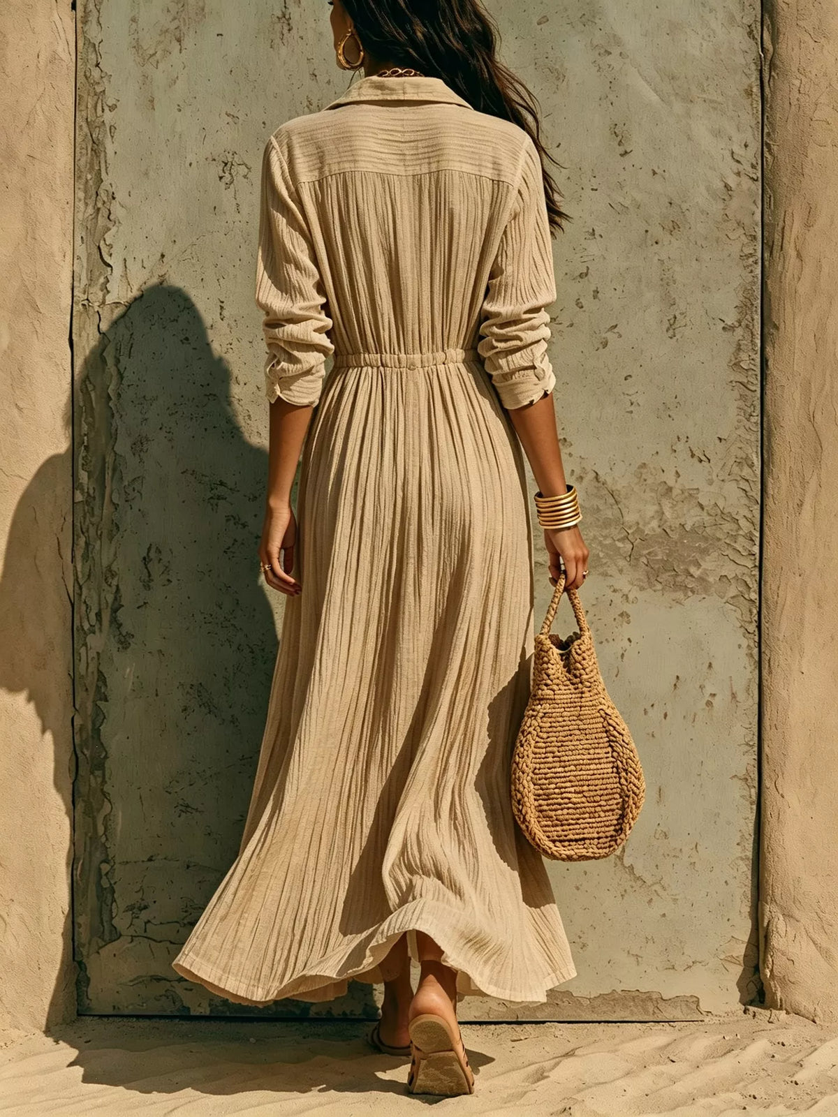 Textured Button Front Long Sleeve Maxi Dress