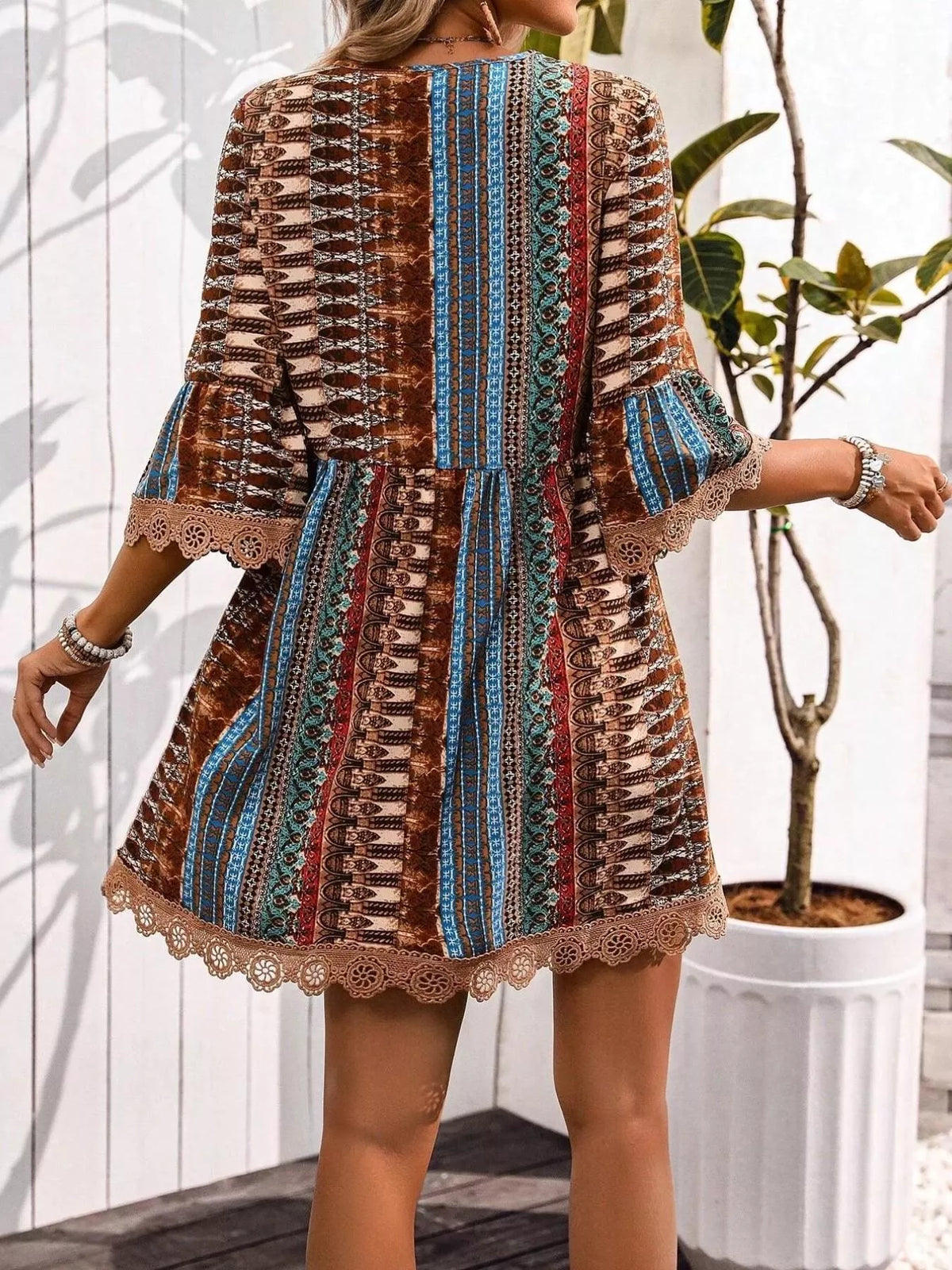 Printed V-Neck A-Line Dress with Lace Detail