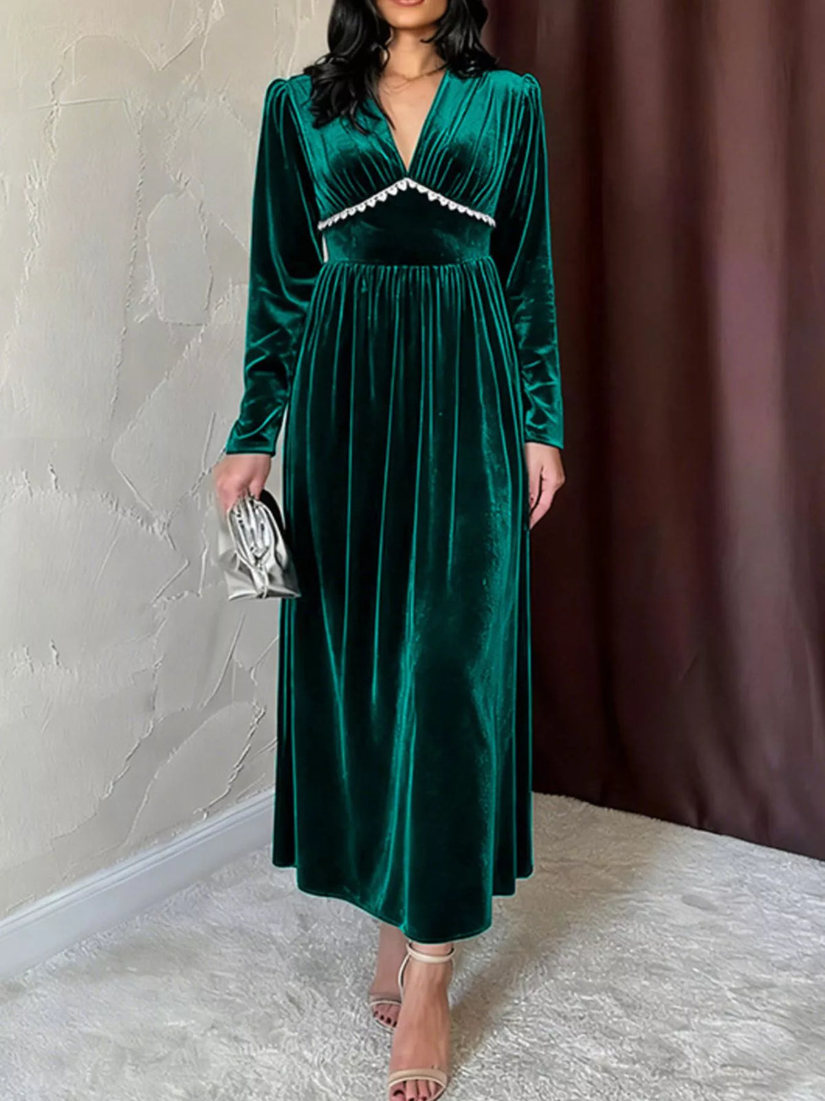 Velvet V-Neck Maxi Dress in Green