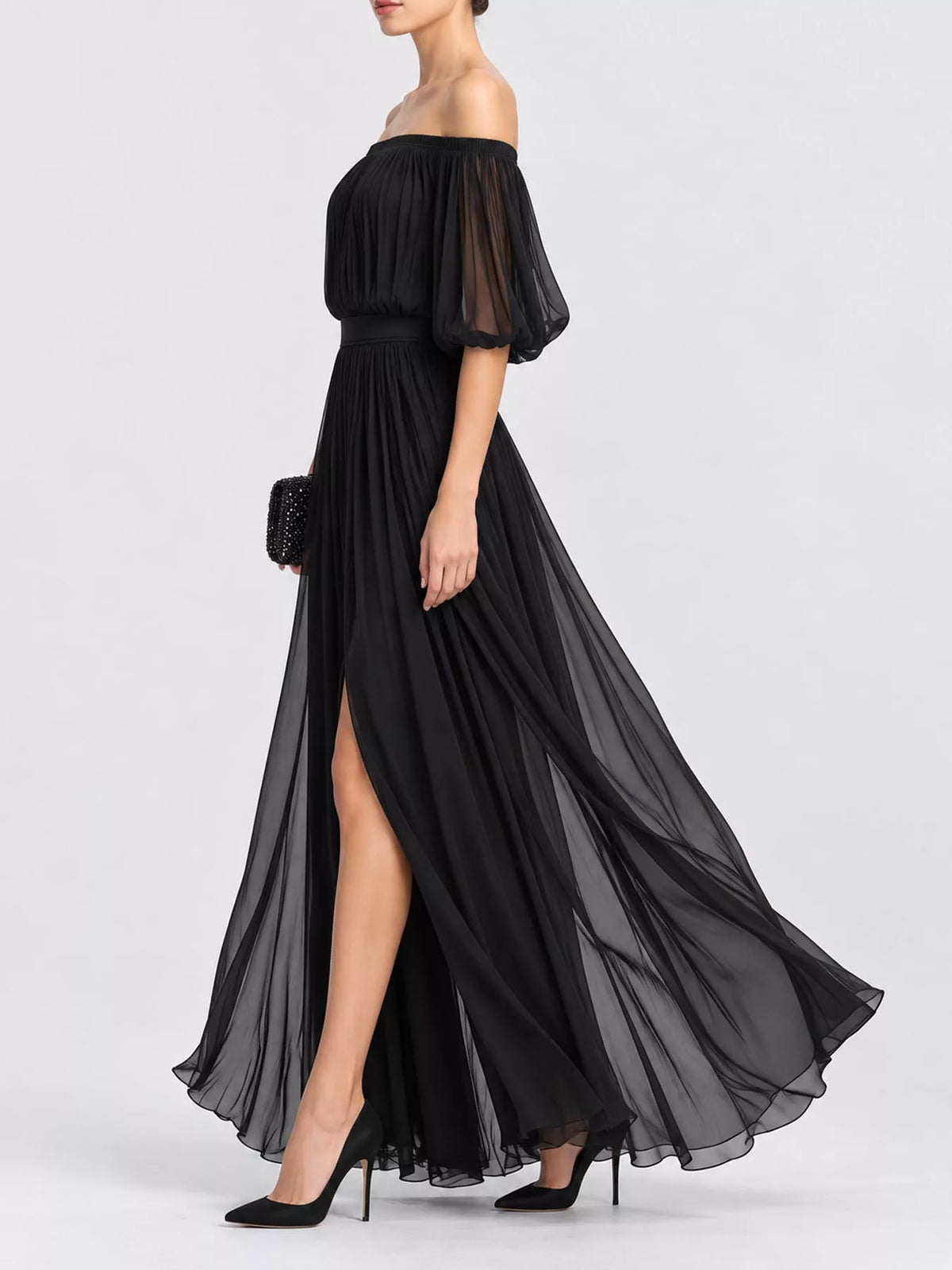 Off-Shoulder Ruched Chiffon Maxi Dress