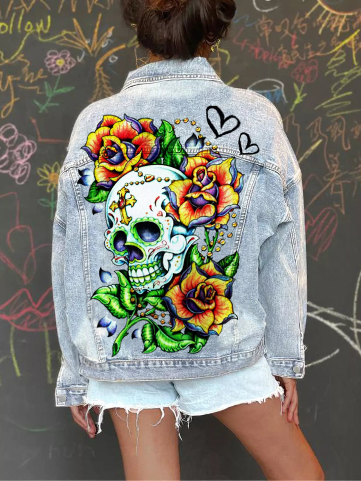 Skull Graphic Denim Jacket in Light Blue