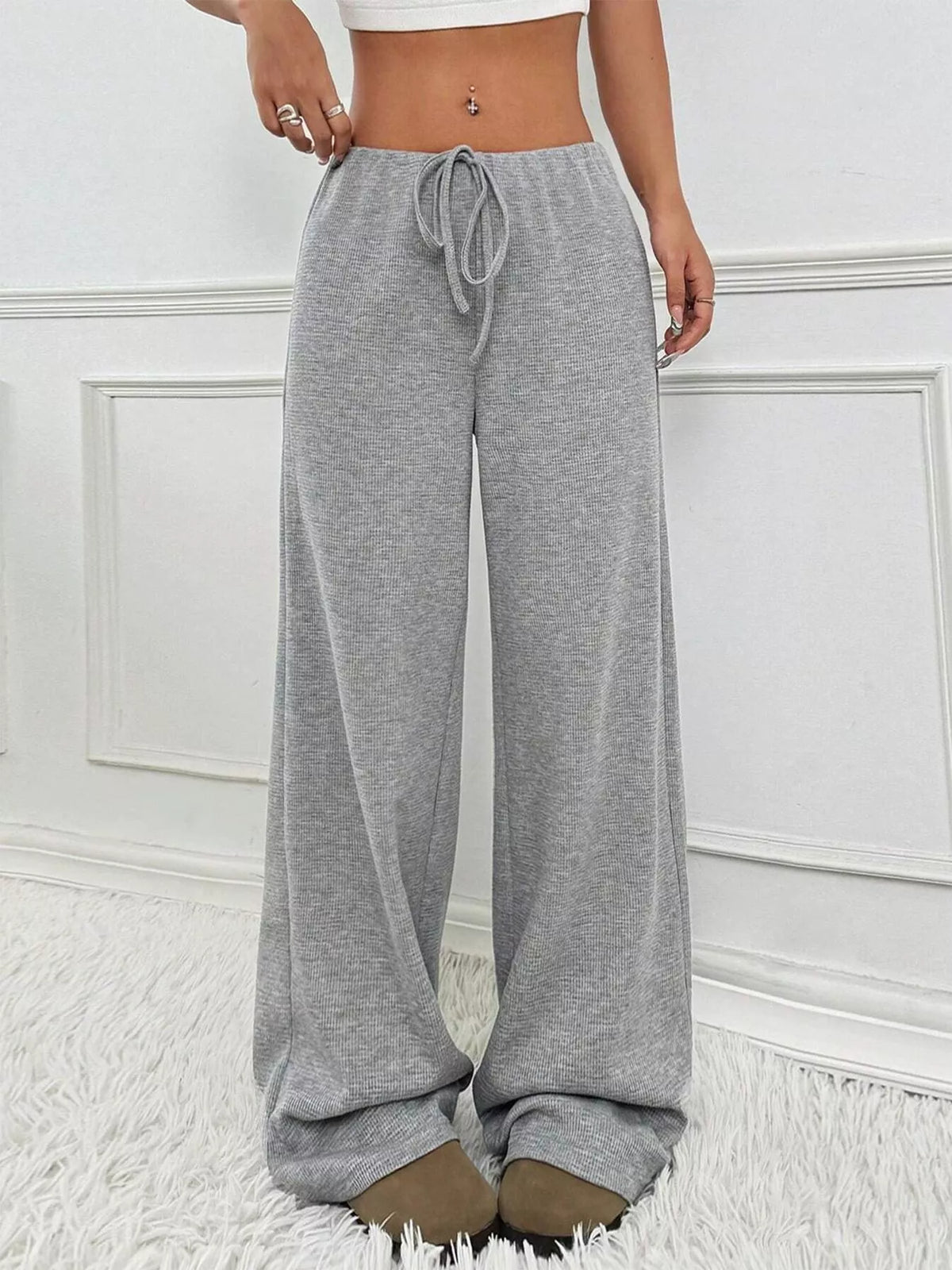Ribbed Knit Drawstring Wide-Leg Pants
