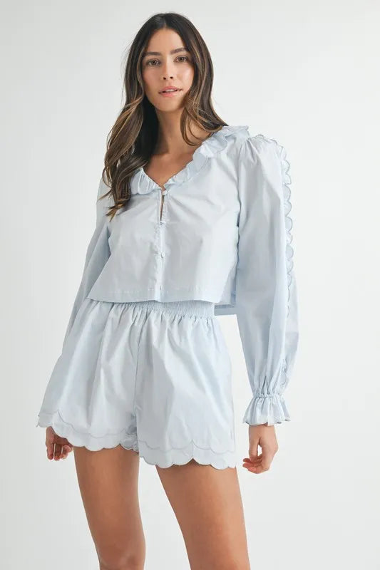 Scallop Trim Blouse and Shorts Set in Light Blue in Lt Blue