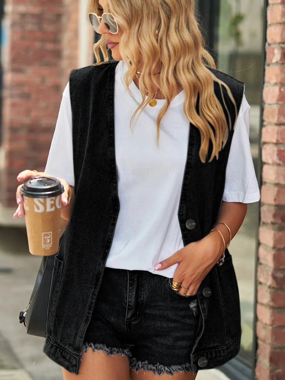 V-Neck Button-Up Denim Vest in Medium by Moni Wear