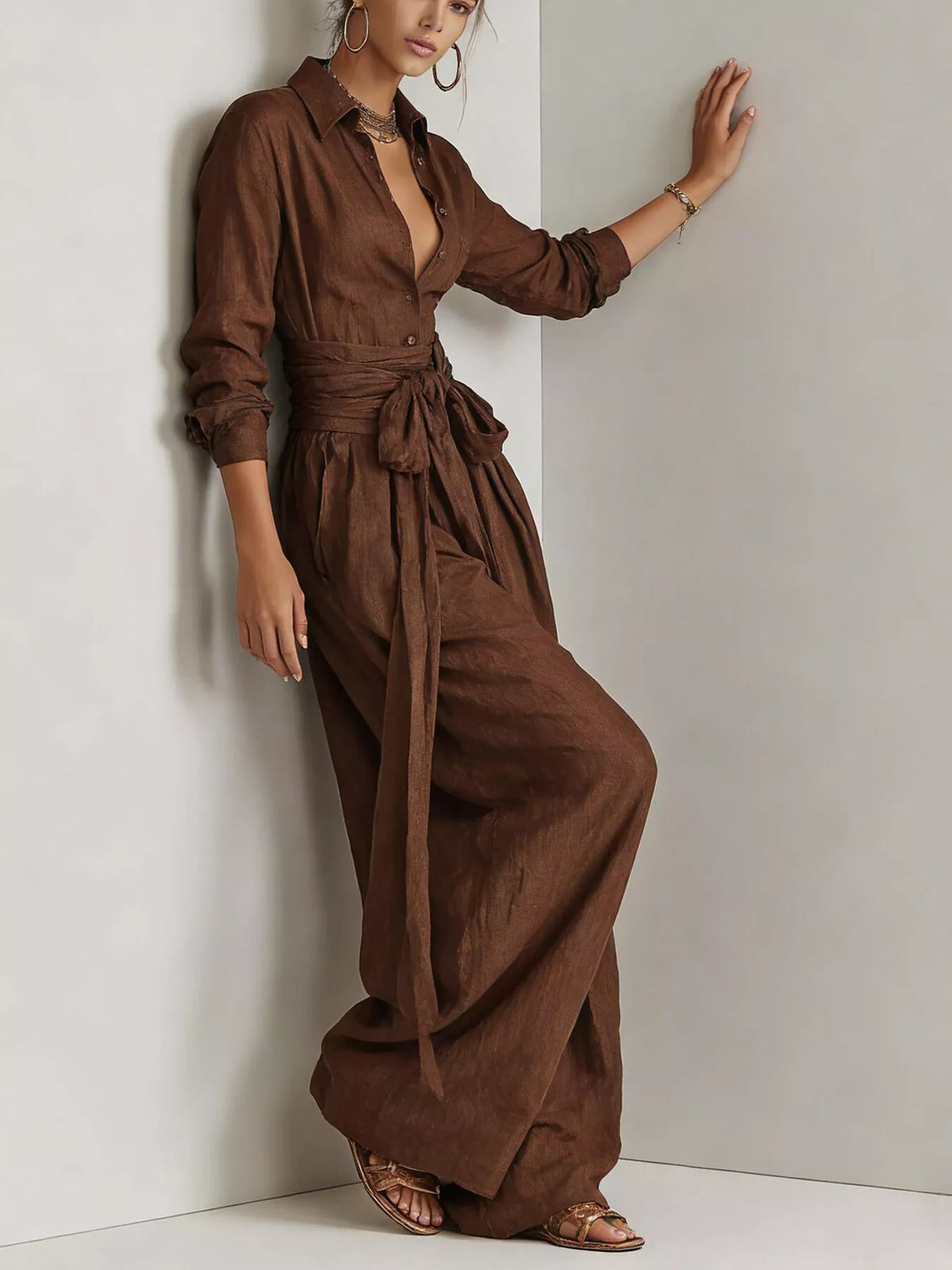Long-Sleeve Button-Down Waist-Tie Jumpsuit