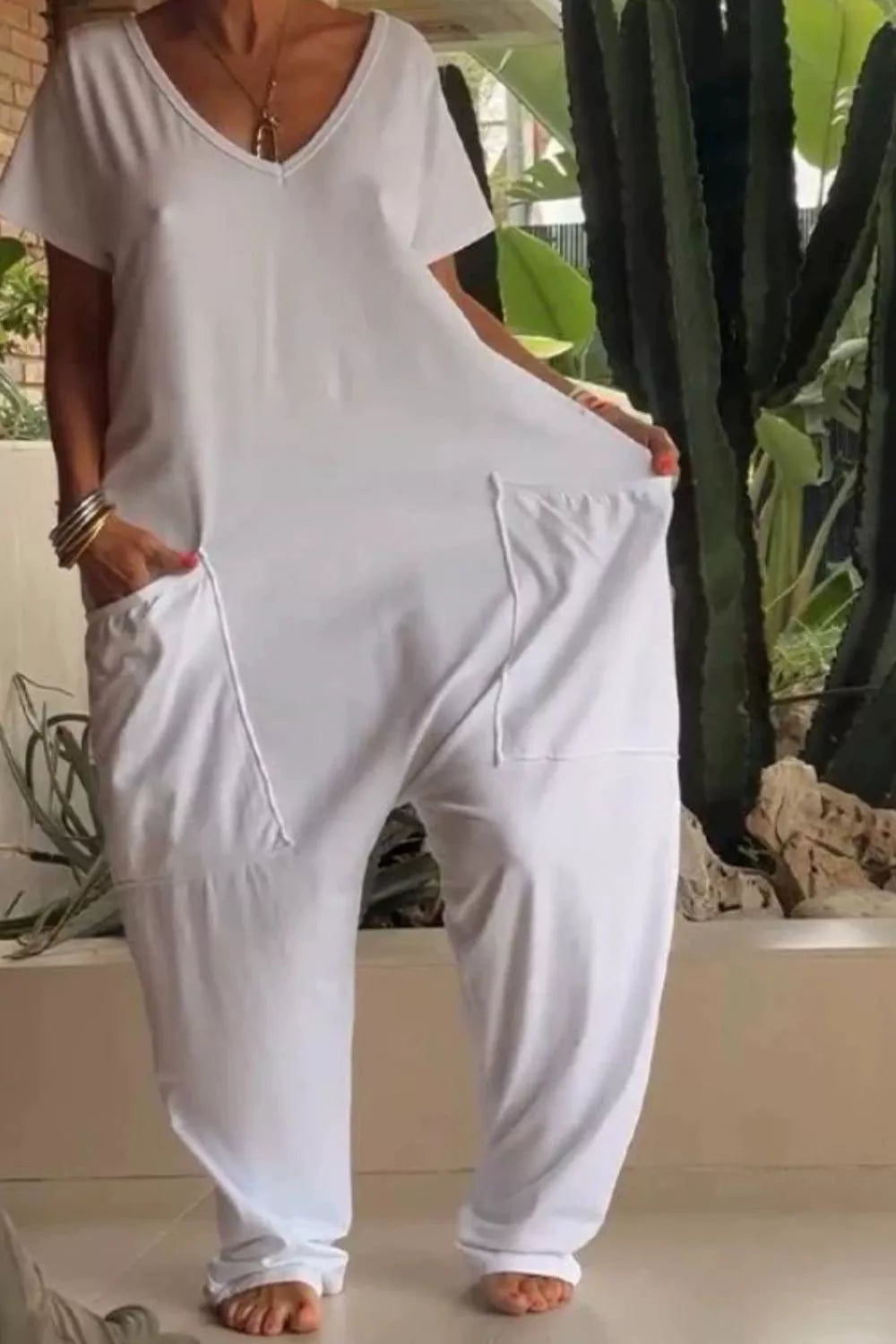 V-Neck Short Sleeve Jumpsuit with Pockets