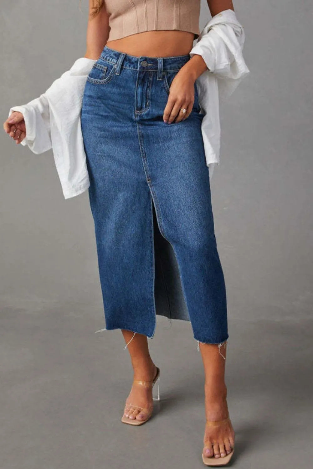 Slit Raw Hem Midi Denim Skirt by X@Y@K