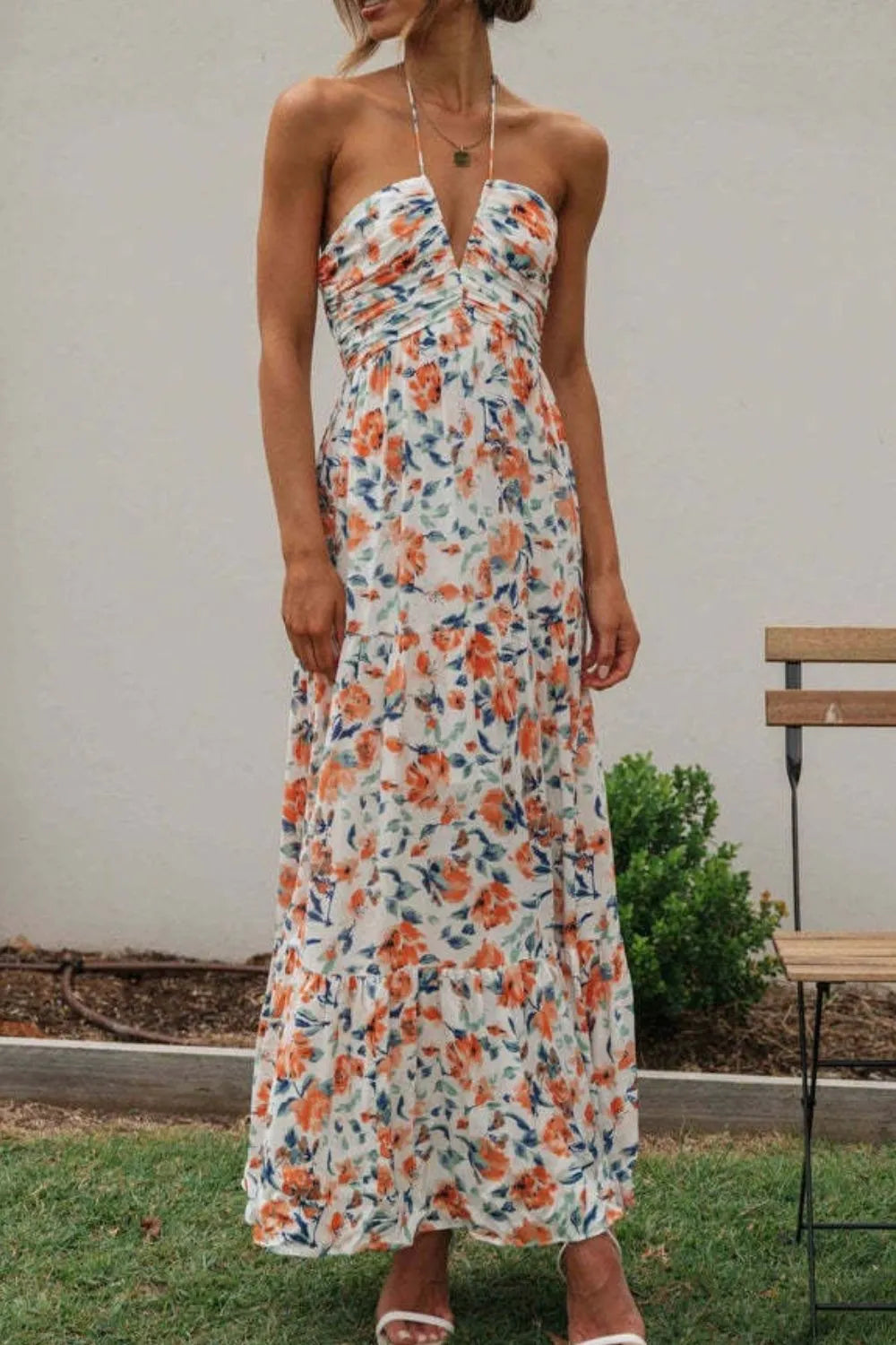 Floral Halter Tiered Maxi Dress in Watermelon Pink
