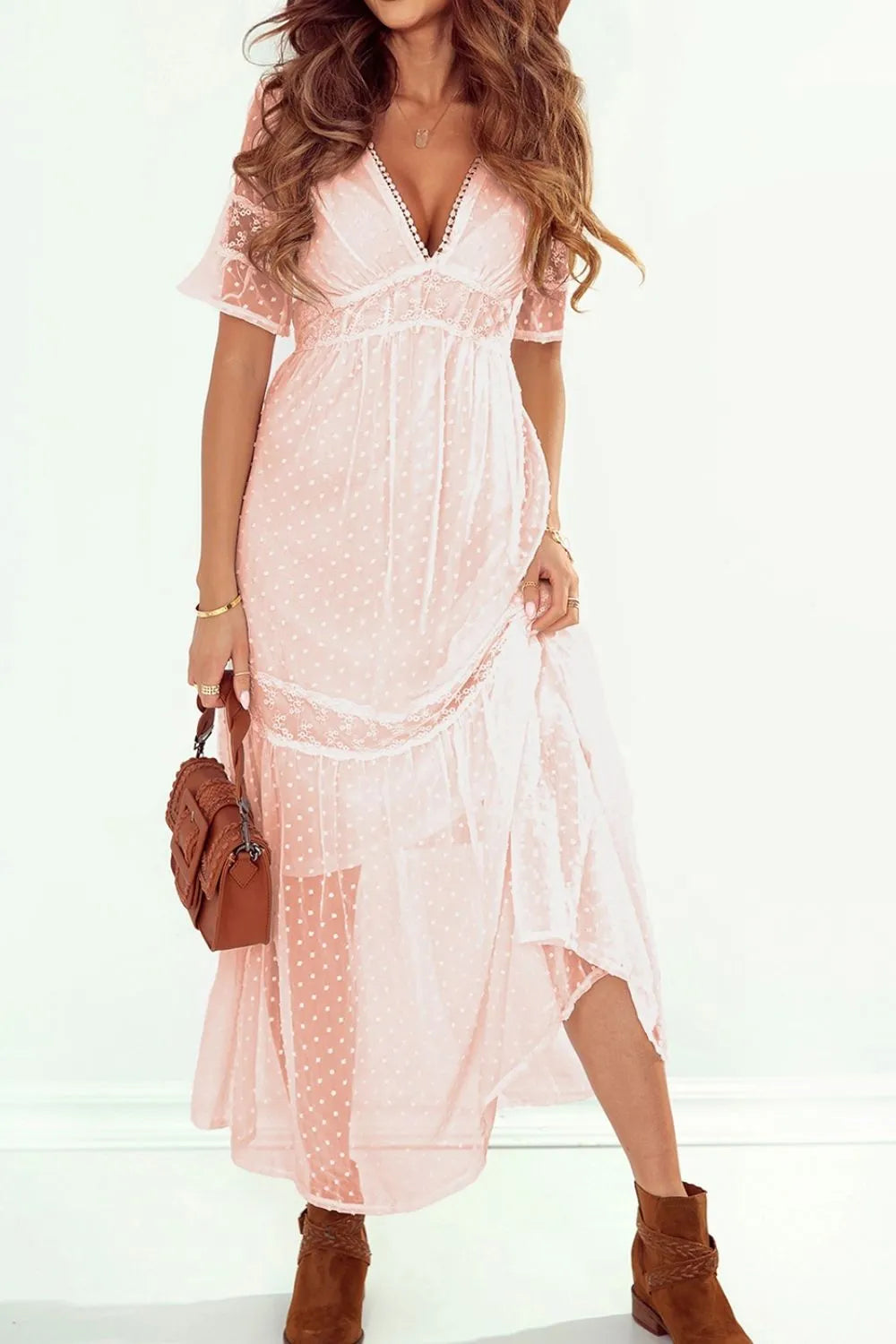 Polka Dot Ruffle Midi Dress in Watermelon Pink