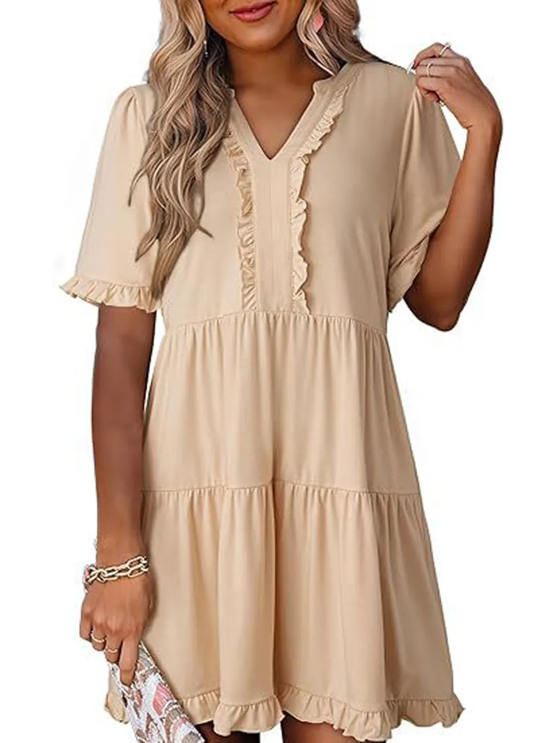 Tiered Notched Short Sleeve Mini Dress by Gen Beauty