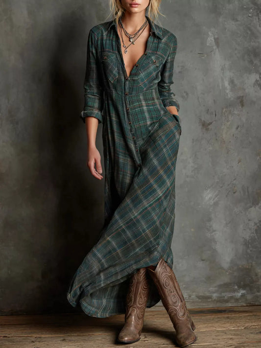 Plaid Button-Down Maxi Shirt Dress in Dark Green