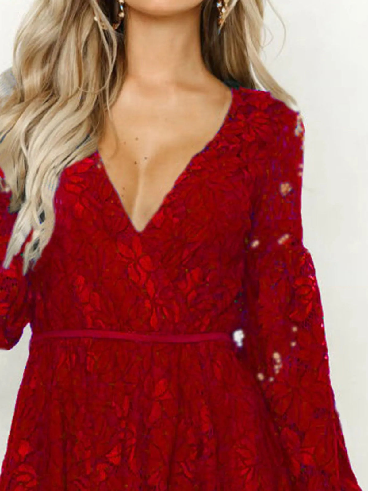 Lace V-Neck Long Sleeve Mini Dress