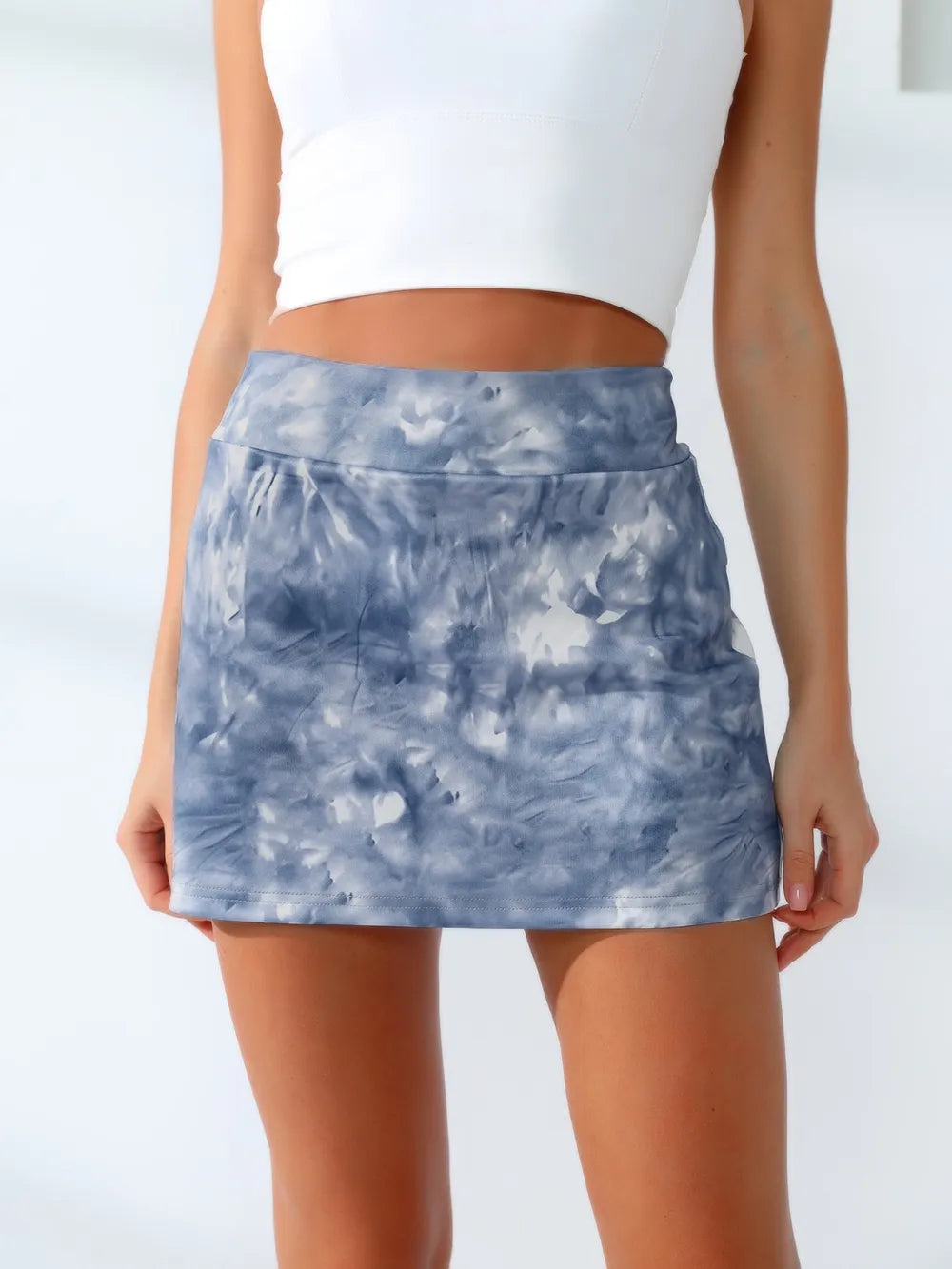 Tie-Dye Wide Waistband Tennis Skirt in Dusty Blue