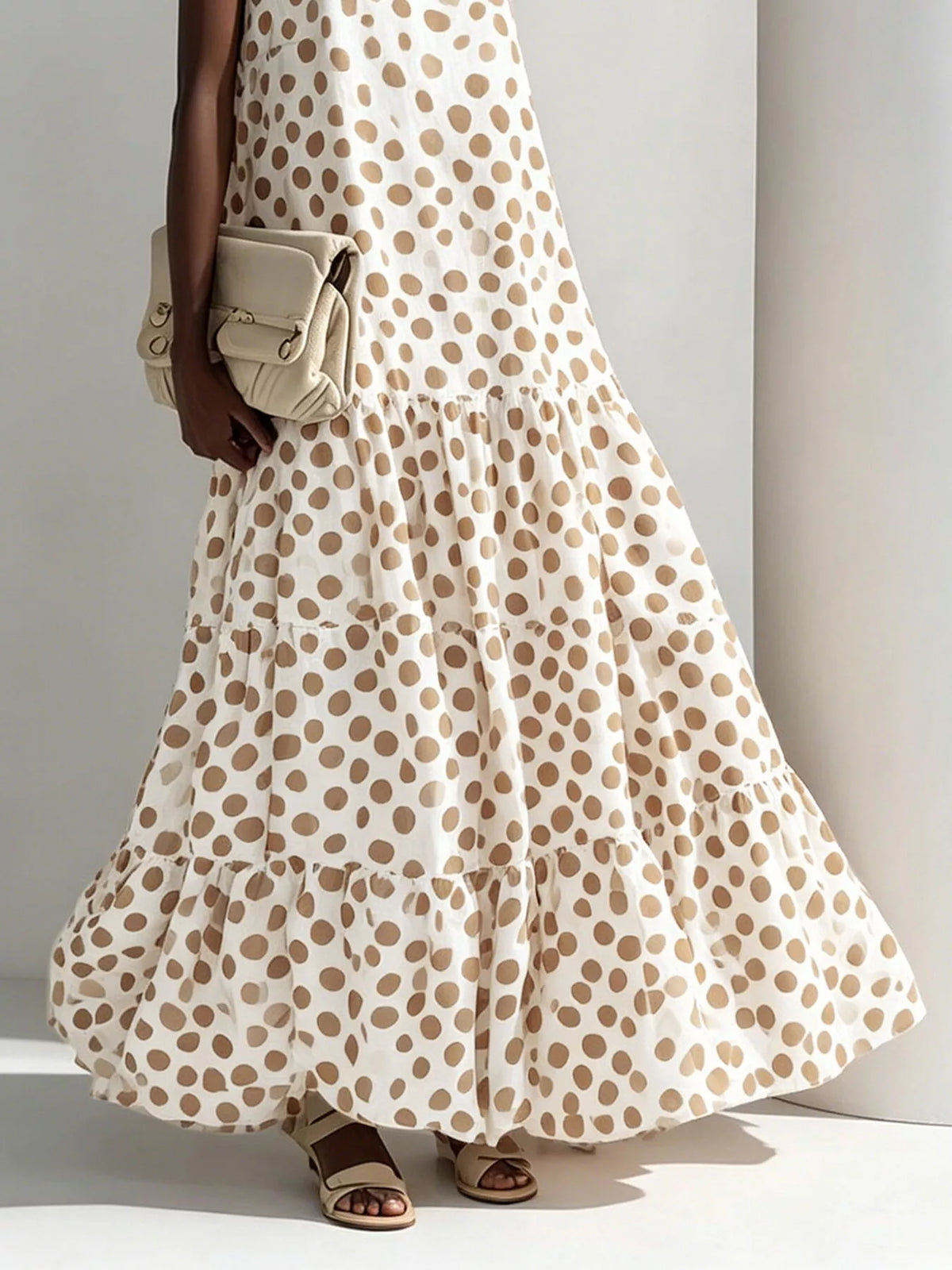 Polka Dot Tiered Maxi Dress in Beige