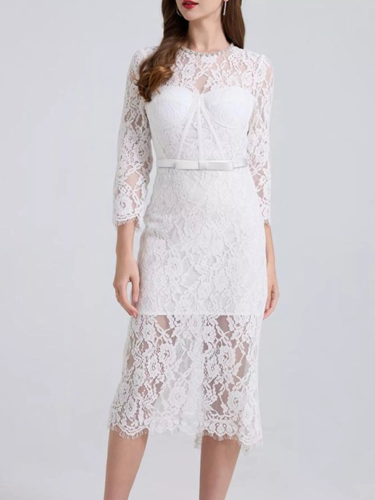 Lace Midi Dress with Long Sleeves and Slit