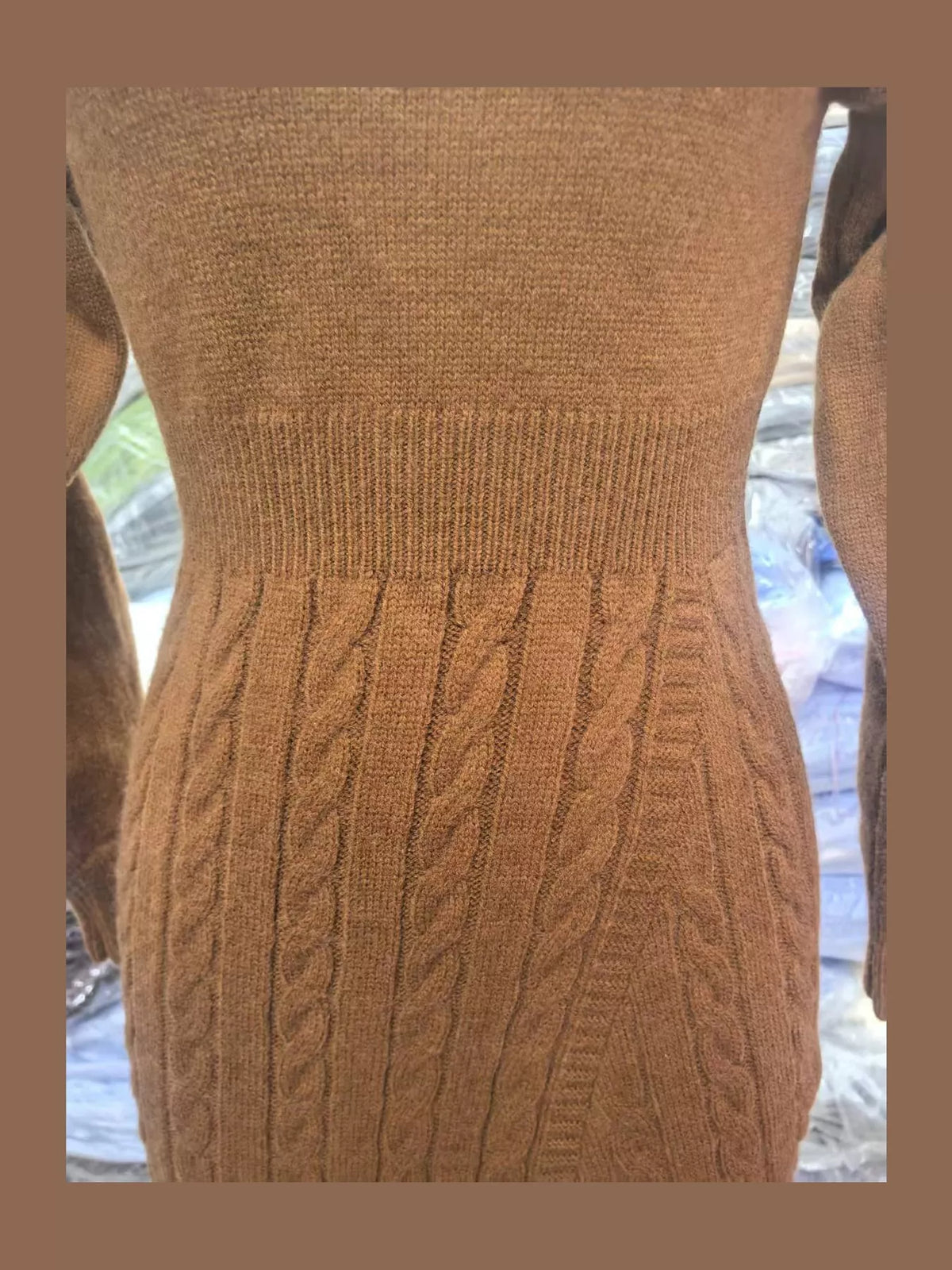 Mock Neck Cable Knit Sweater Dress with Front Slit