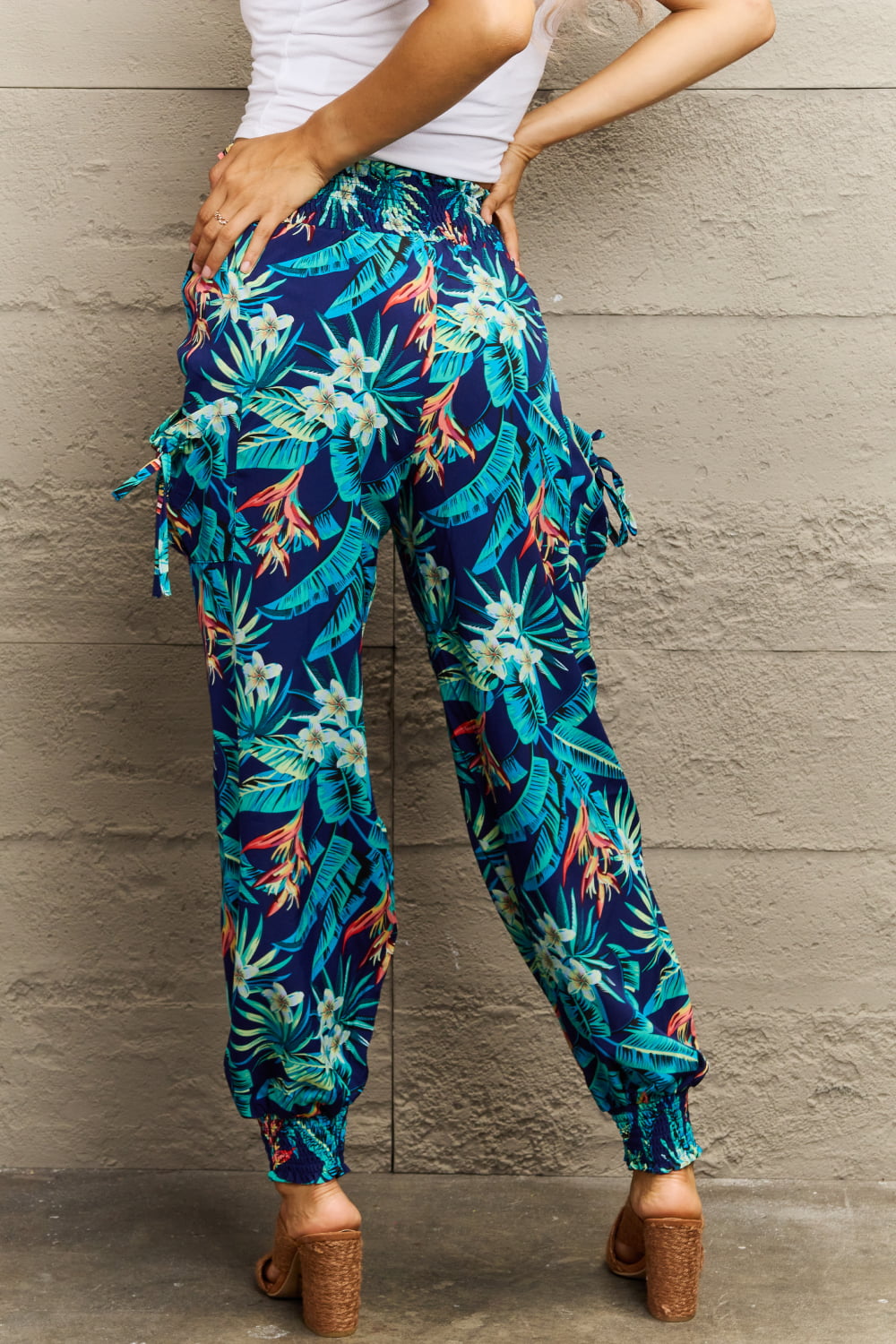 Smocked Plant Print Long Pants in Multicolor