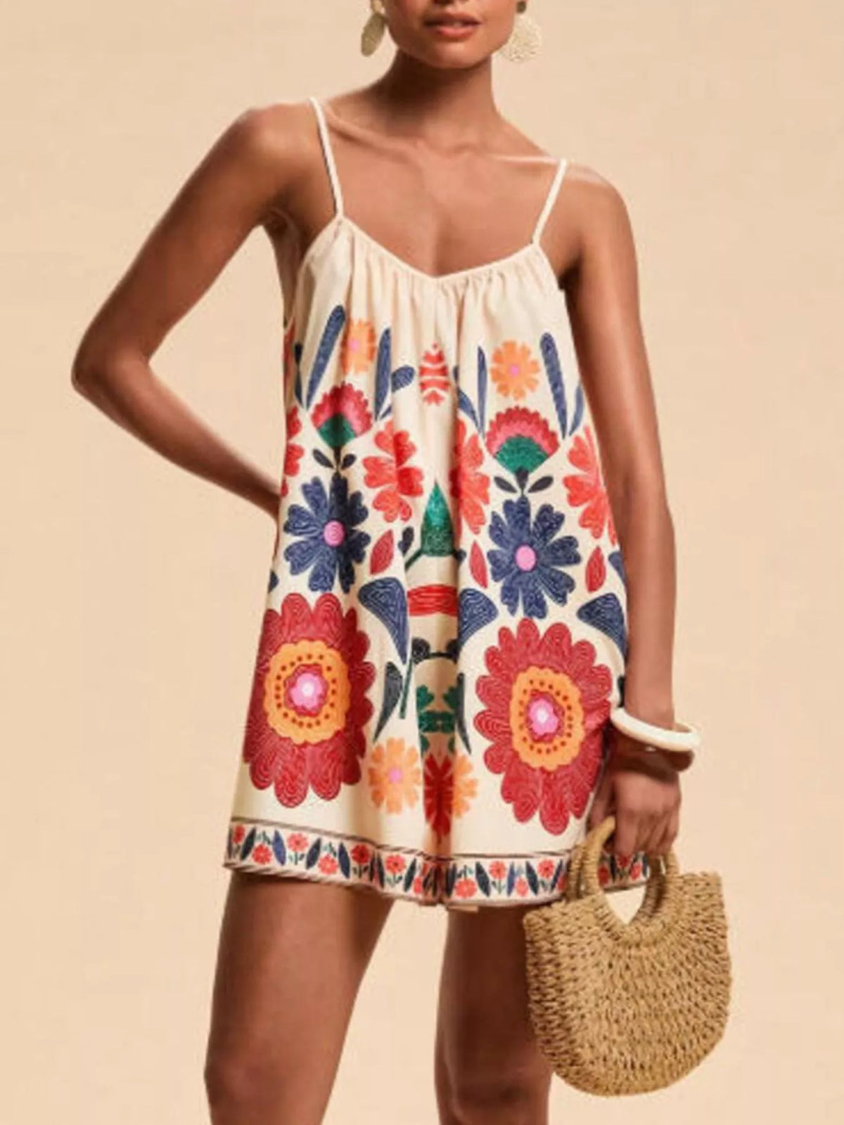 Floral Print Tied Romper in Red