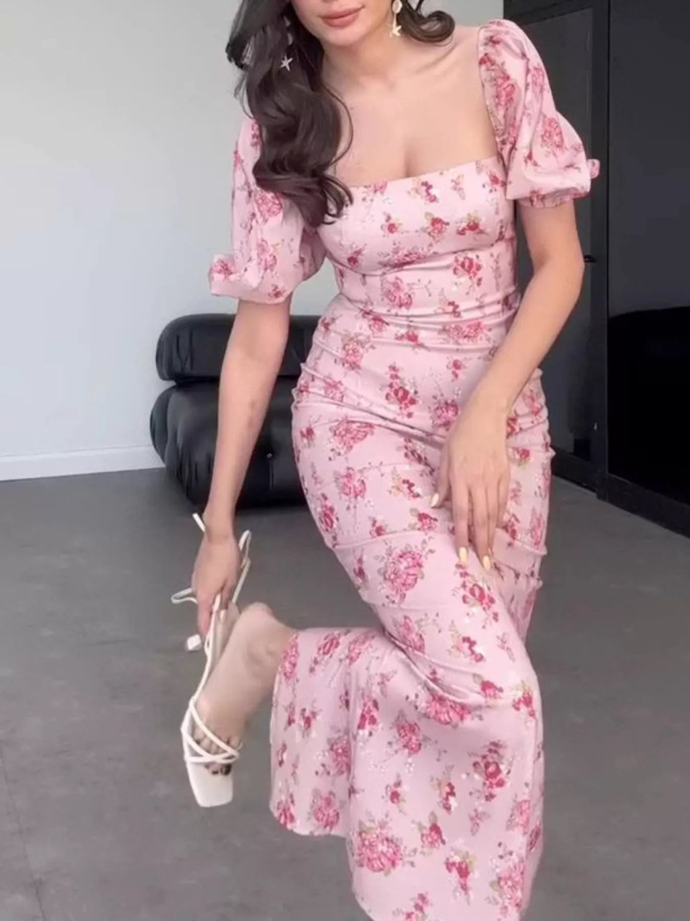 Floral Puff Sleeve Midi Dress in Dusty Pink