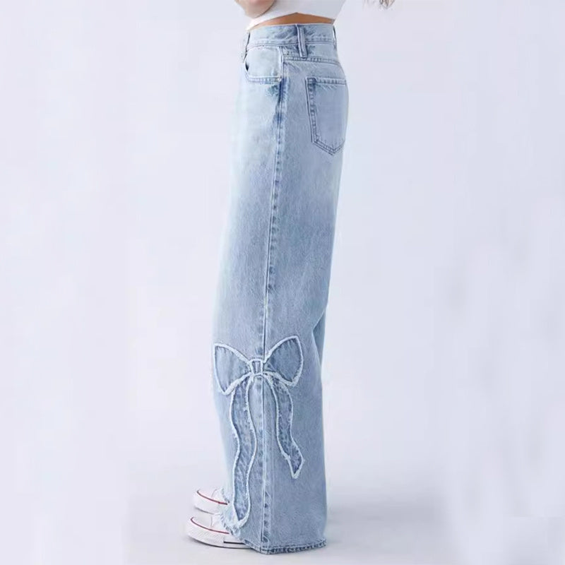 Baggy Frayed Denim Bow Jeans