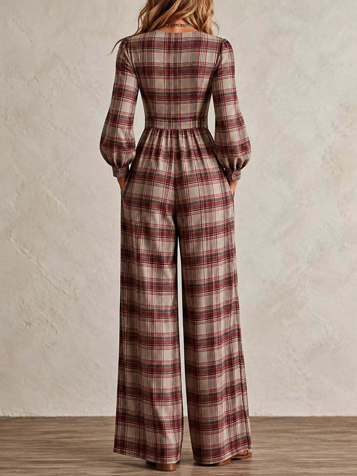 Plaid Square-Neck Wide-Leg Jumpsuit