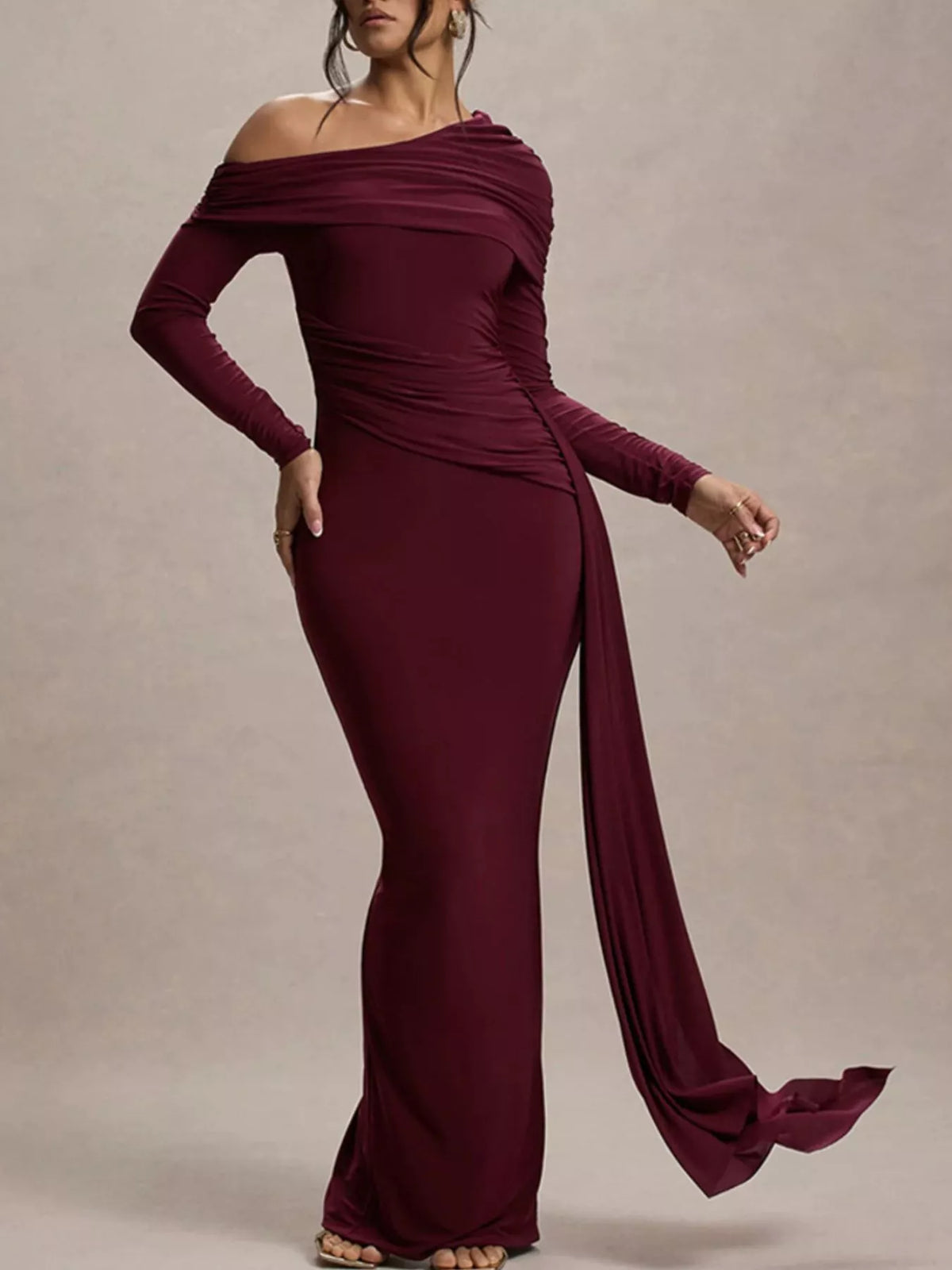 One-Shoulder Ruched Maxi Dress in Wine Red