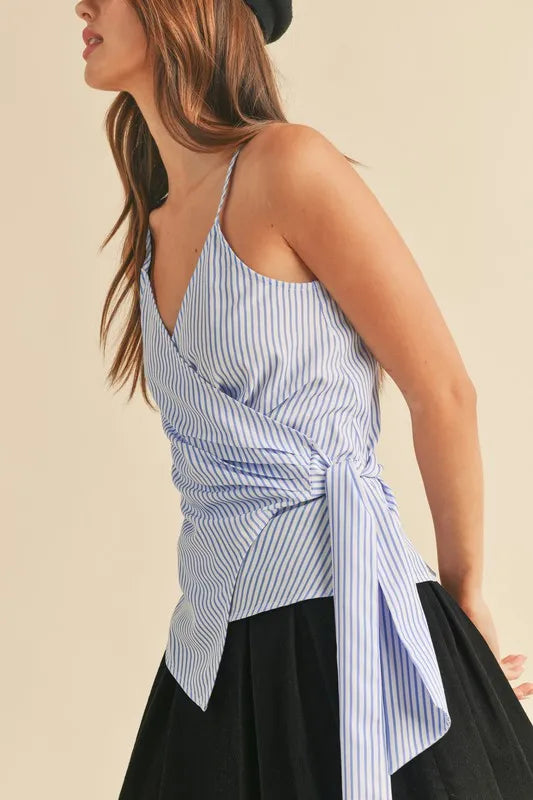 Side Knot Surplice Striped Cami in White and Sky in White/Sky