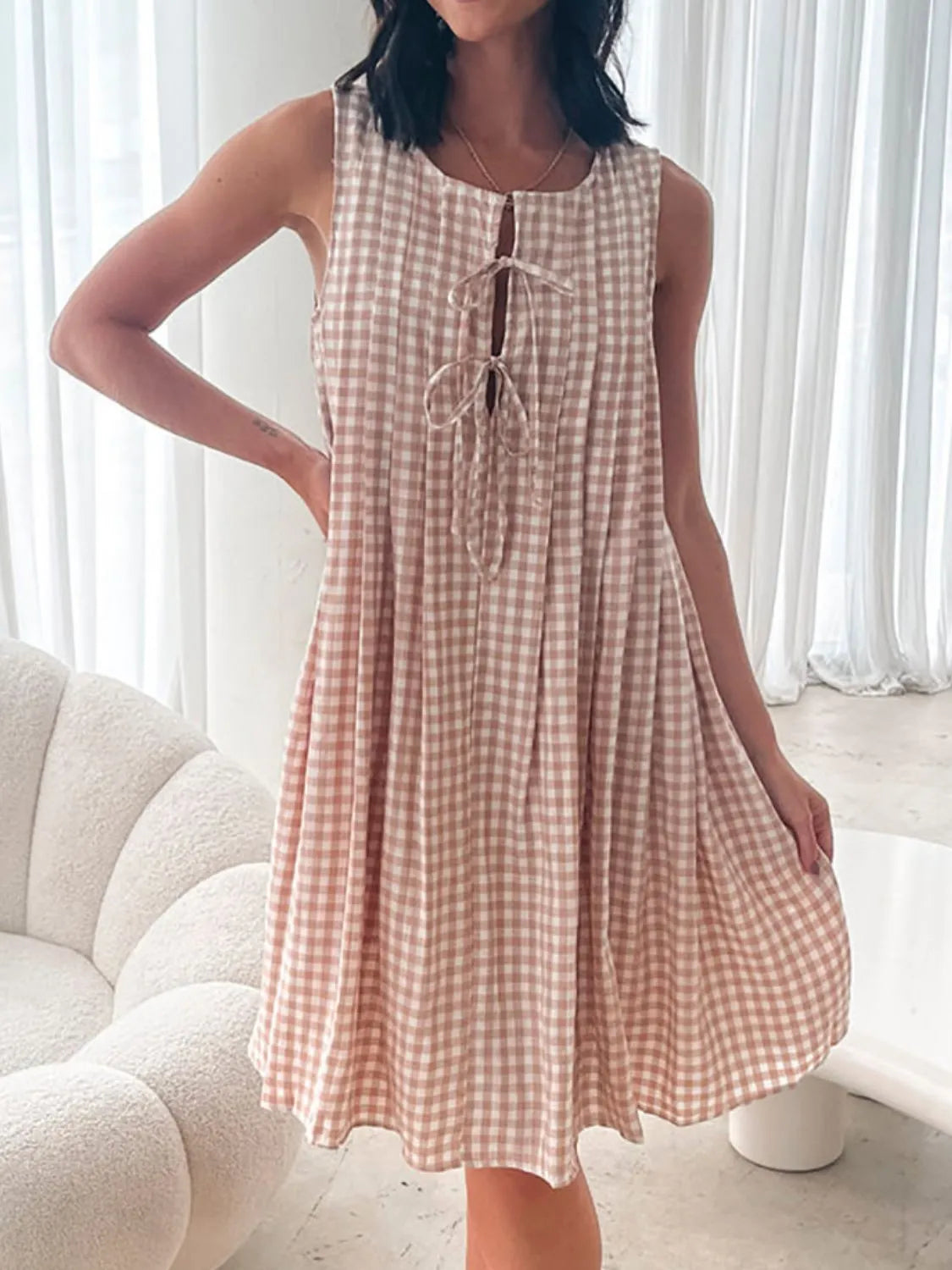 Tied Front Sleeveless Plaid Dress