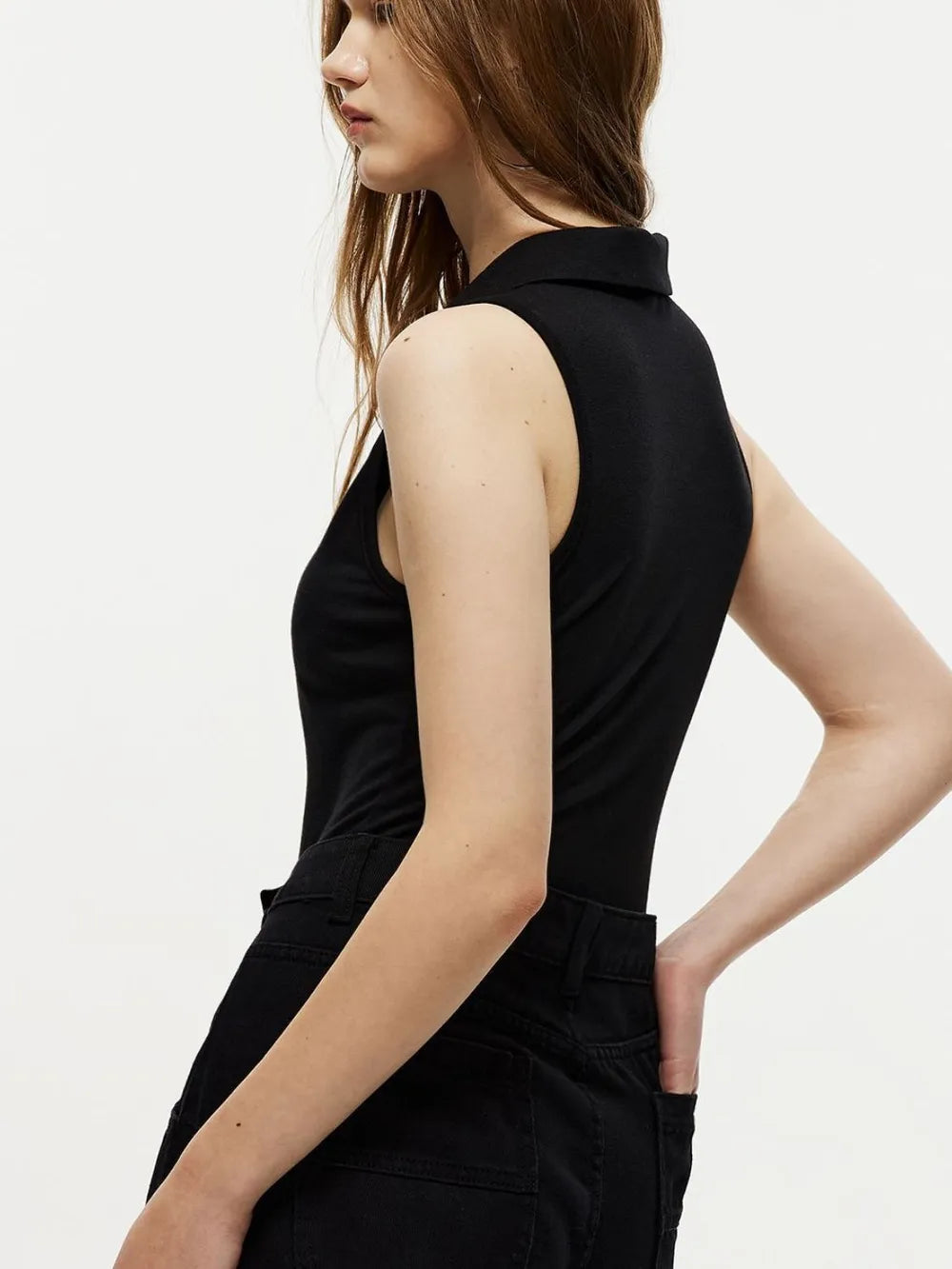 Quarter Zip Collared Sleeveless Bodysuit in Black