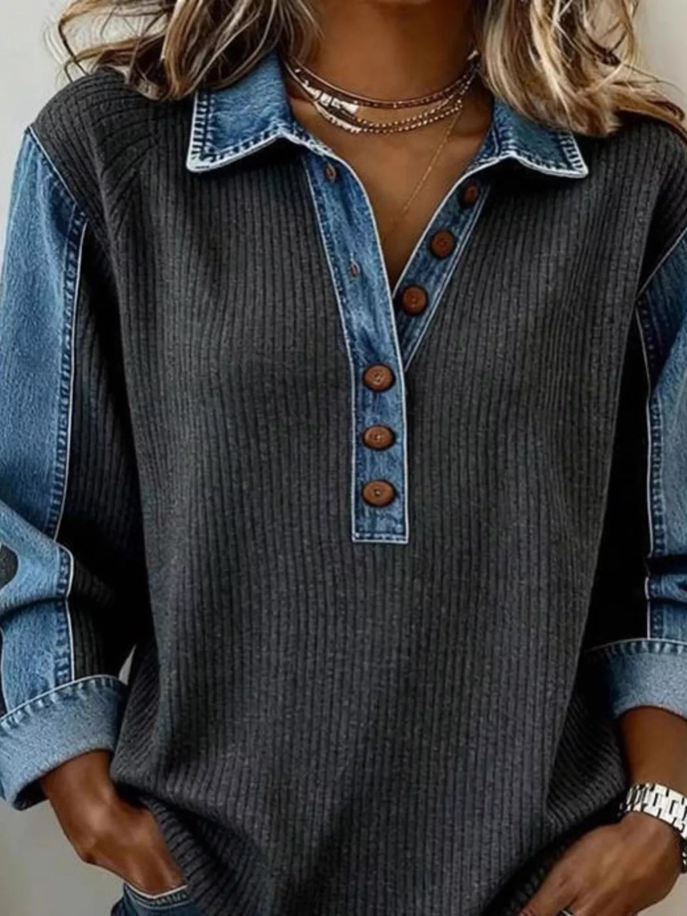Denim-Trim Button Detail Sweatshirt