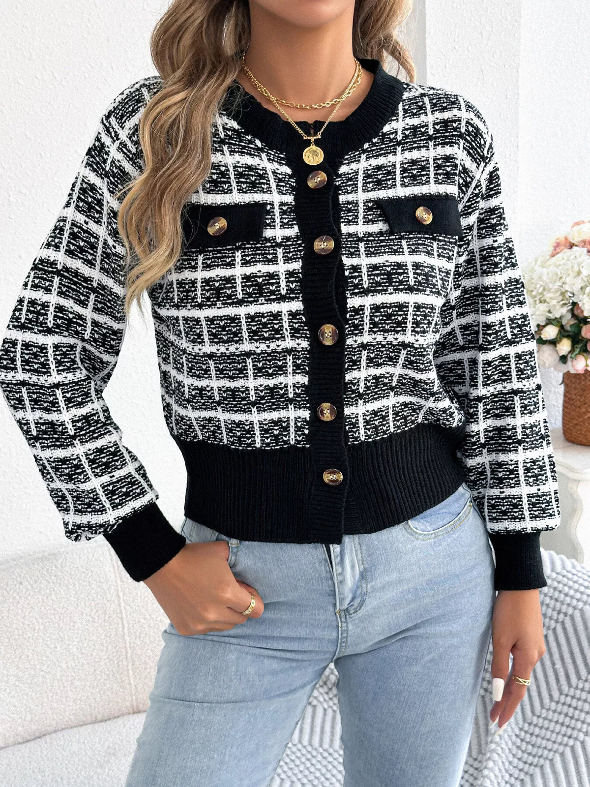 Plaid Tweed-Style Knit Cardigan by Clise